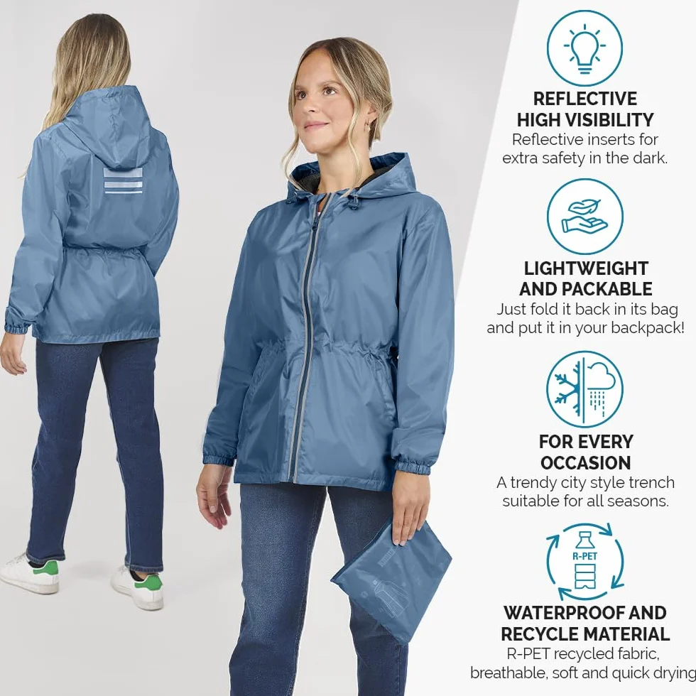 PERLETTI Chubasquero Mujer Cortaviento Ligero con Cremallera - Impermeable Mujer con Capucha Detalles Reflectantes - Chaqueta Trench Deporte Transpirable Waterproof Reutilizable Mujeres