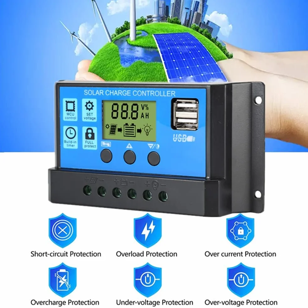 Controlador de Carga Solar PWM 30A 12V/24V Inteligente con Pantalla LCD y Puerto USB
