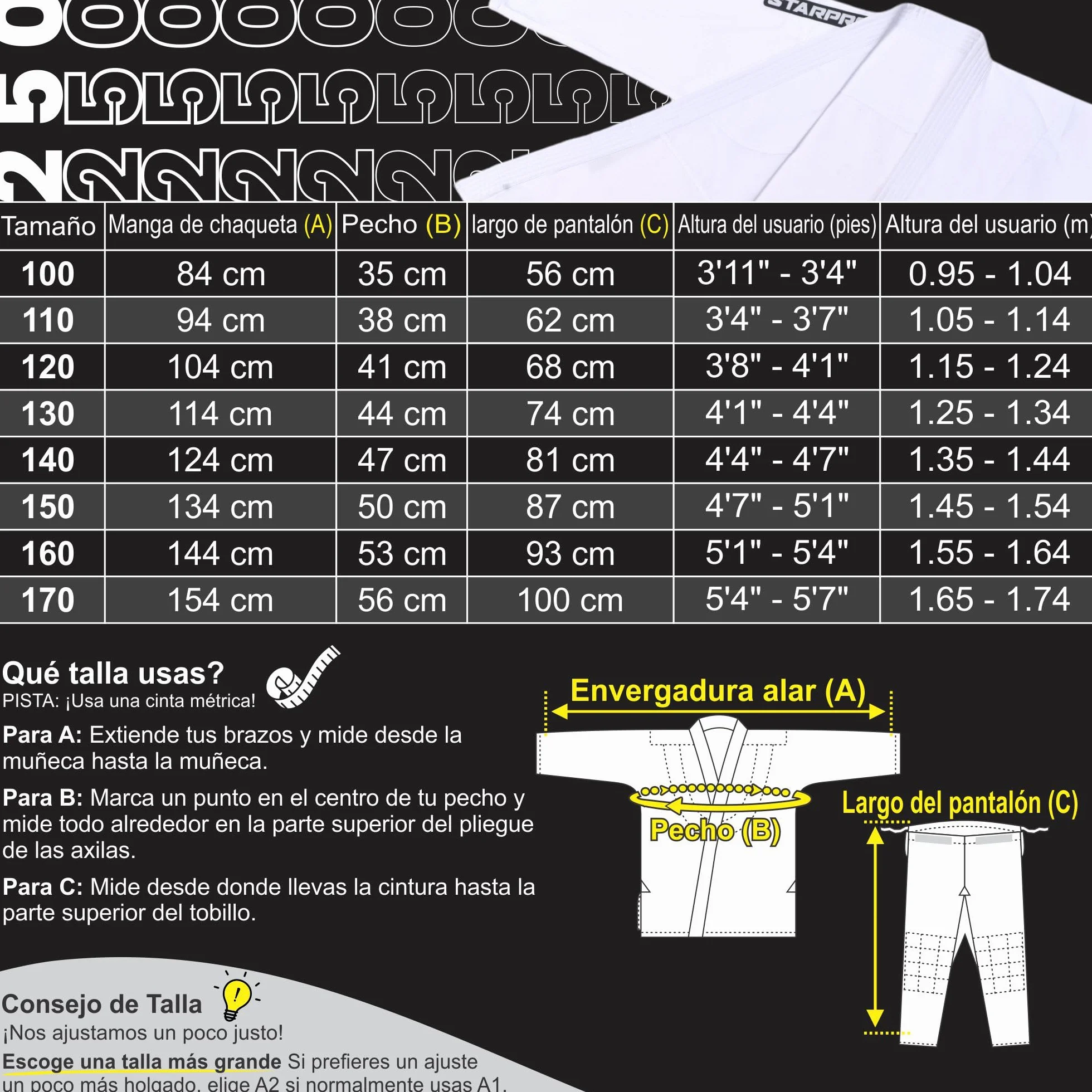 Starpro Judogi 250 Gramos Blanco Algodón Profesional Entrenamiento Competición Hombres Mujeres Niños 100-170 cm Incluye Cinturón