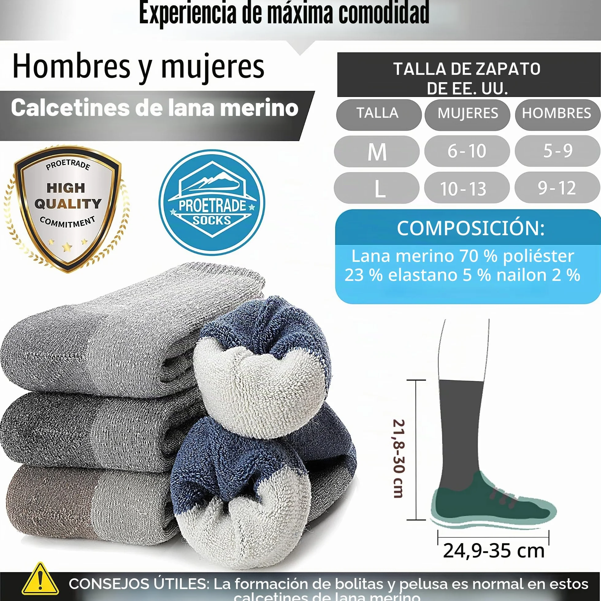 PROETRADE Calcetines Térmicos Lana Merino 4 Pares, Invierno Gruesos Cálidos Antiampollas Running Ciclismo Talla 36-46