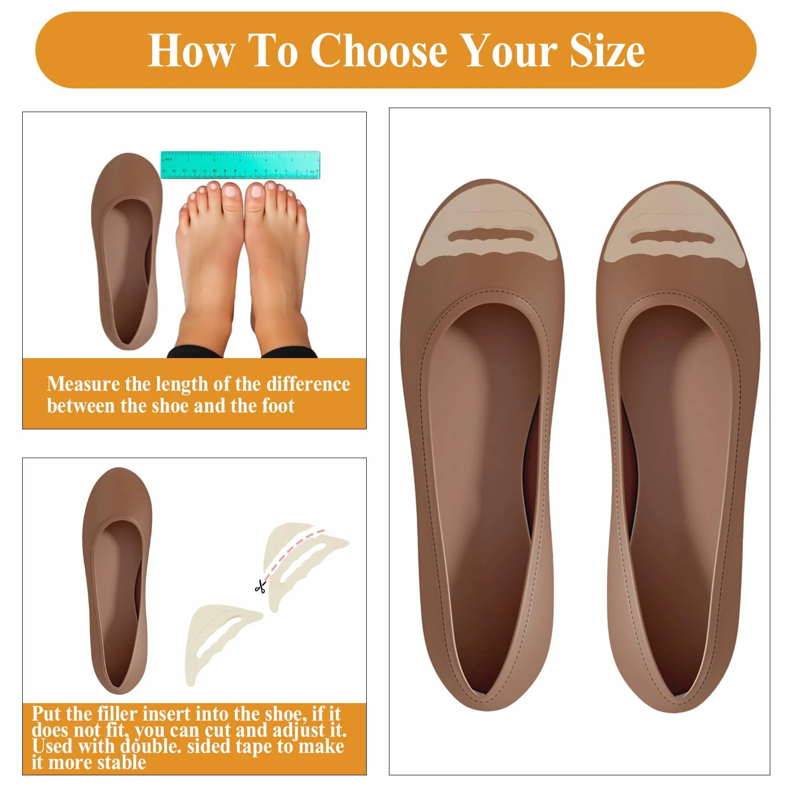 COMNICO Relleno de zapatos para zapatos demasiado grandes, 4 pares de rellenos de esponja suave para zapatos, transpirables, puntera grande, almohadillas reutilizables para el antepié para mujeres y