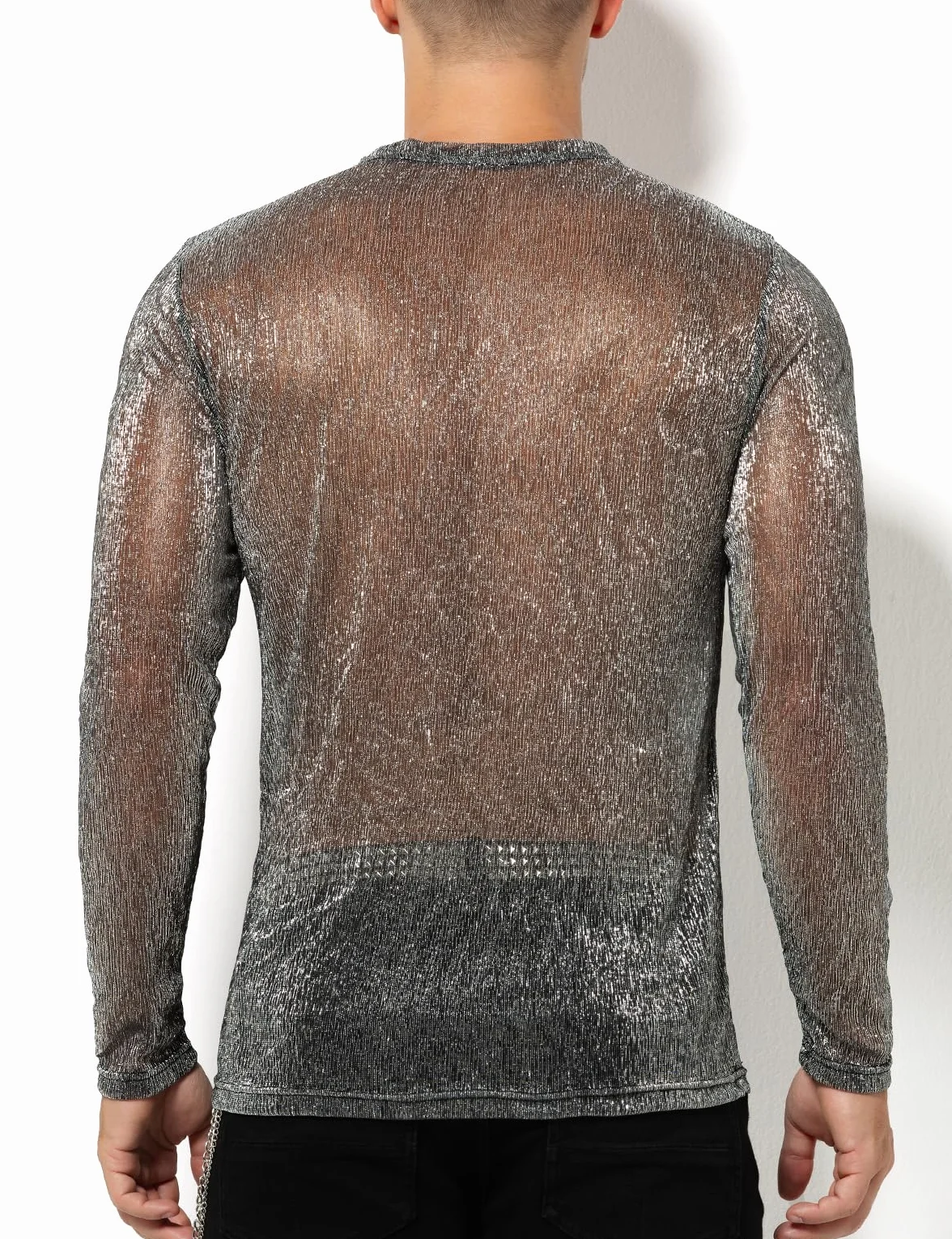 Casey Kevin Camiseta Transparentes Manga Larga Hombre Brillo Lentejuelas Rejilla Camisa Fiesta Plateada Brillante Ropa Sexy Top Fiesta Discoteca Punk Nocturno Jazz Rock Hip Hop Dance Clubwear