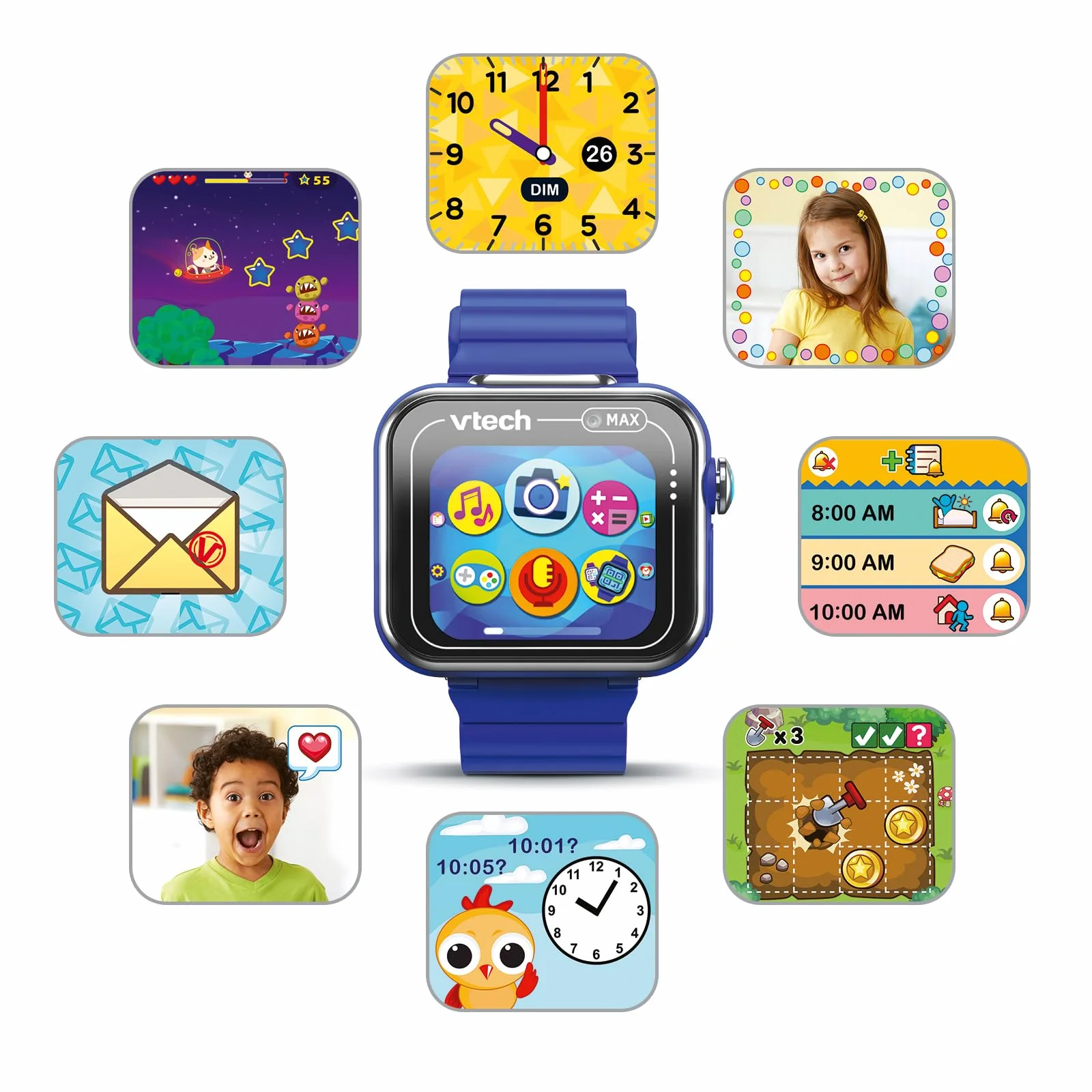 VTech - Kidizoom Smartwatch MAX Azul, Reloj Inteligente para niños, Doble cámara de Fotos, vídeos, Juegos, Pantalla táctil Horizontal, Versión ESP
