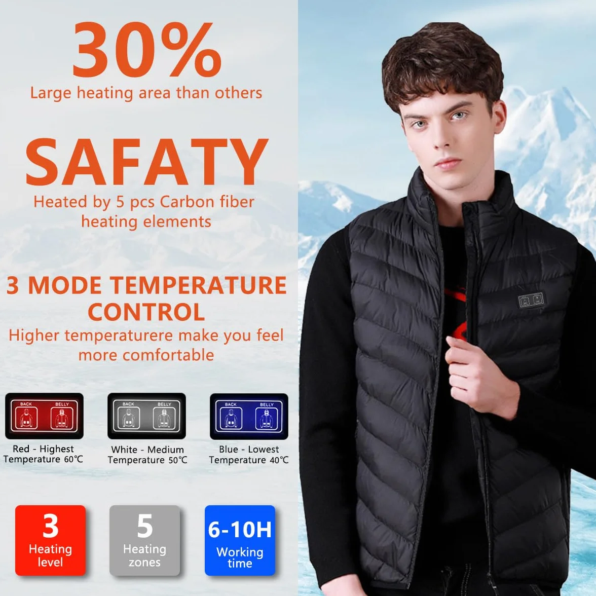 Chaleco Calefactable Hombre con Batería De 10000 mAh, 3 Temperaturas, 5 Zonas de Calentamiento, Chaqueta Calefactable con Carga USB, para Esquí, Motociclismo, Senderismo y Pesca