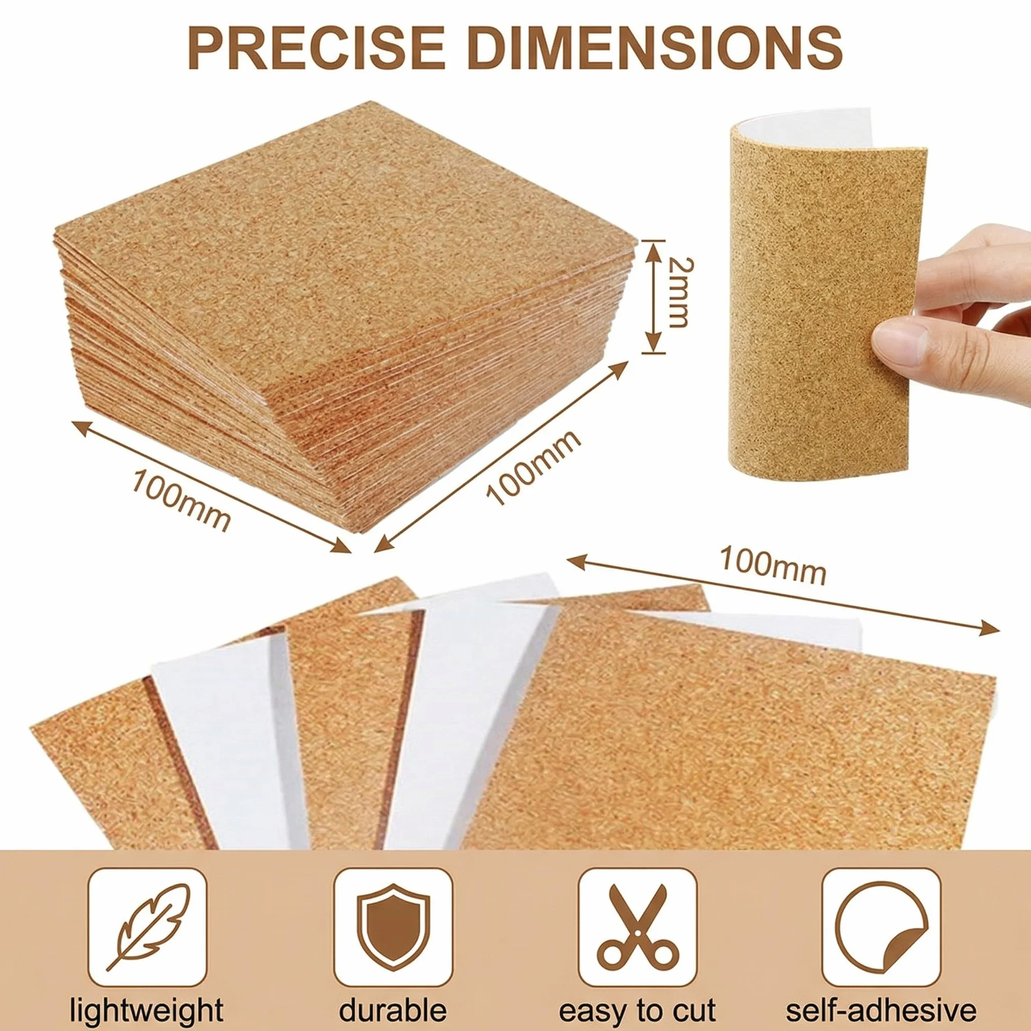Láminas Corcho Autoadhesivo 100x100x2mm Pack 16 – Placas Cuadradas Corcho Natural Extra Grueso