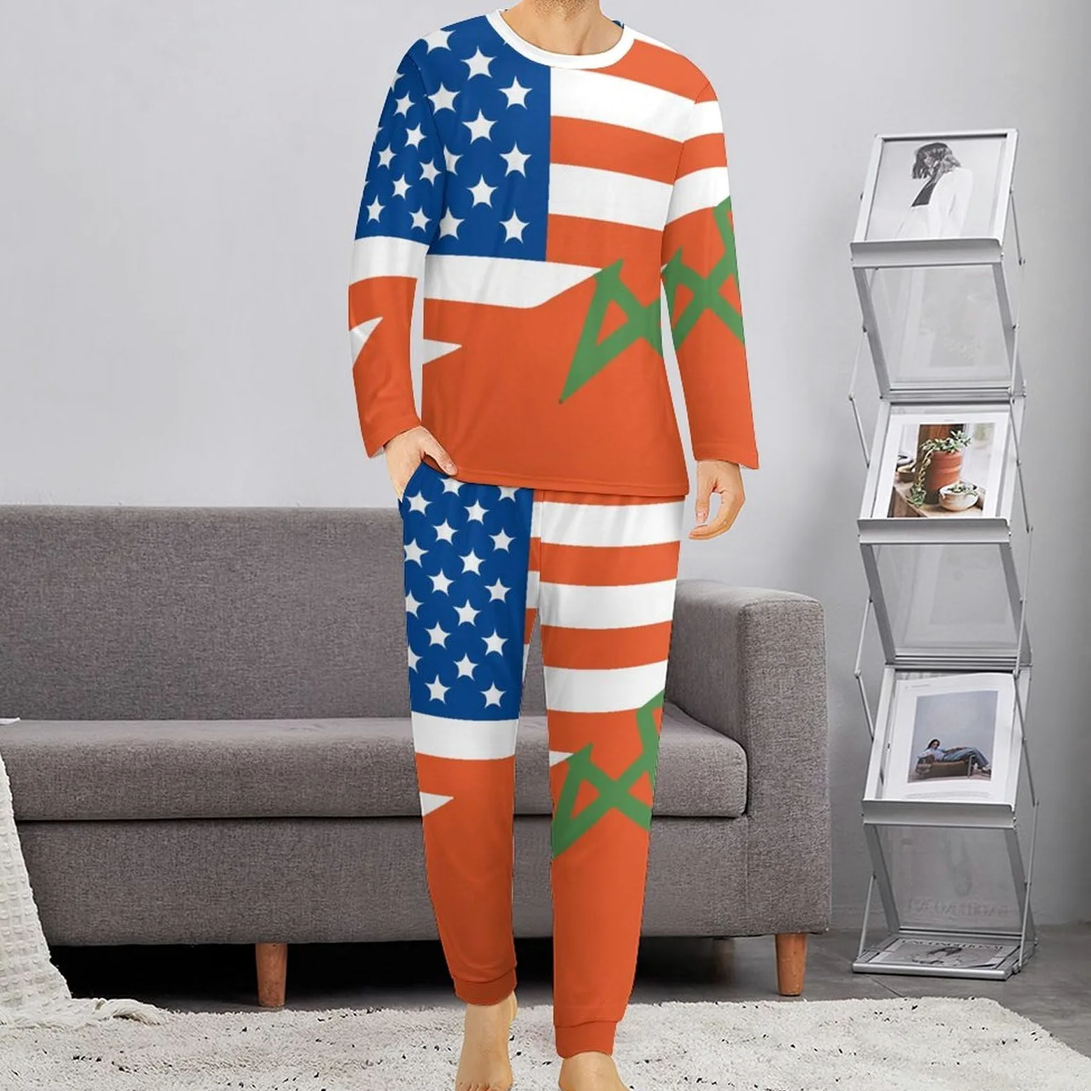 Conjunto de pijama para hombre con media bandera de Marruecos de Estados Unidos, cuello redondo, ropa de dormir larga, 2 piezas
