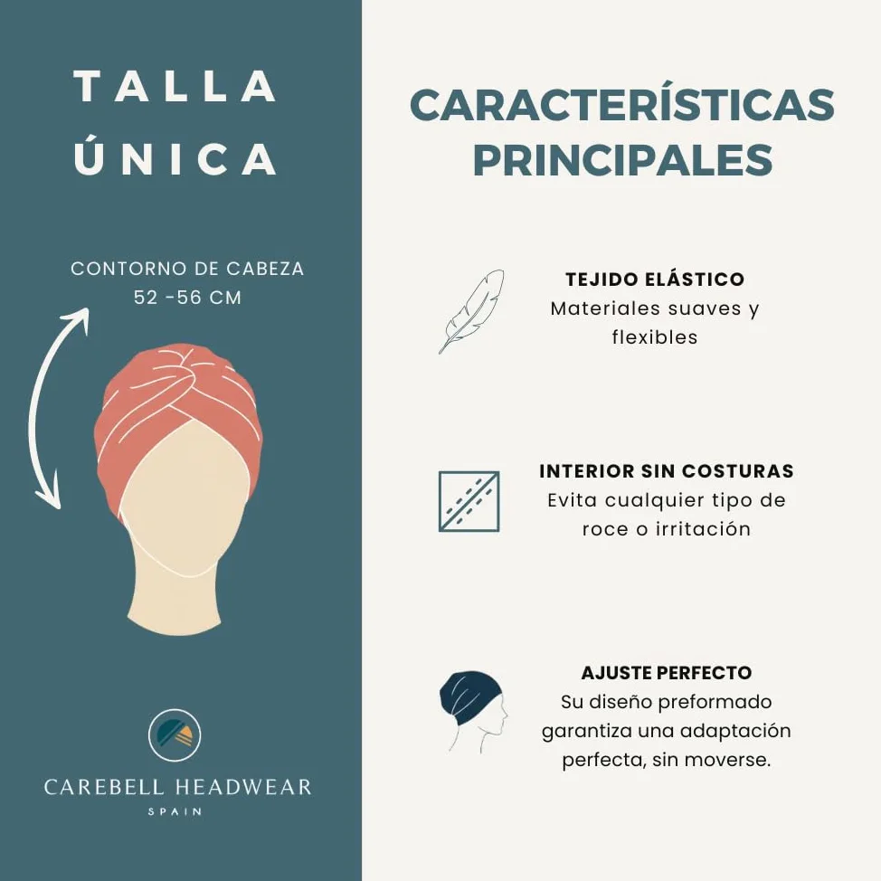 CAREBELL Turbante Oncológico Modelo Elegance – Diseño Denim Palms, Bambú Suave y Transpirable, Especial para Quimioterapia, Radioterapia, Alopecia y Piel Sensible