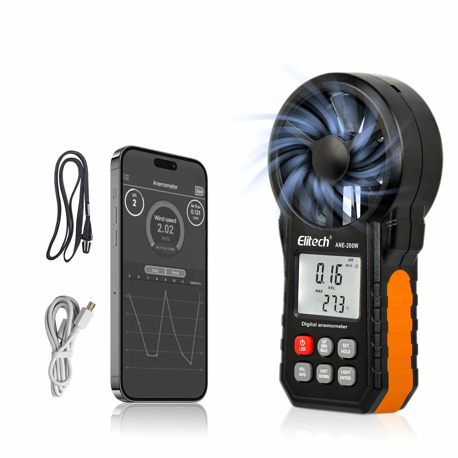 Elitech Anemómetro Digital Bluetooth ANE-200W Medidor Velocidad Viento Temperatura USB CFM/CMM