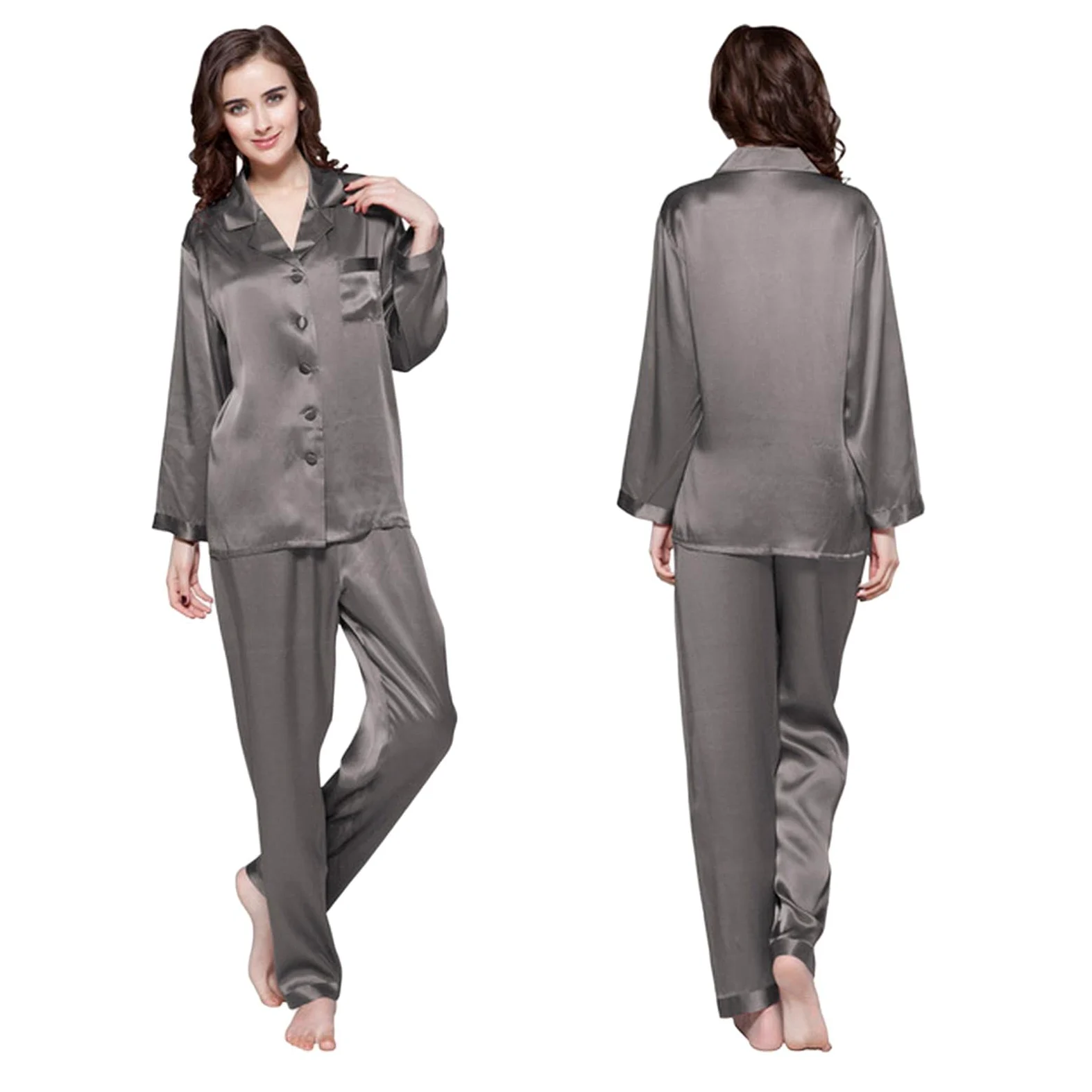 MOGSA Conjunto de pijama de seda para mujer, 2 piezas, con botones delanteros, pantalones para el hogar, trajes para mujer