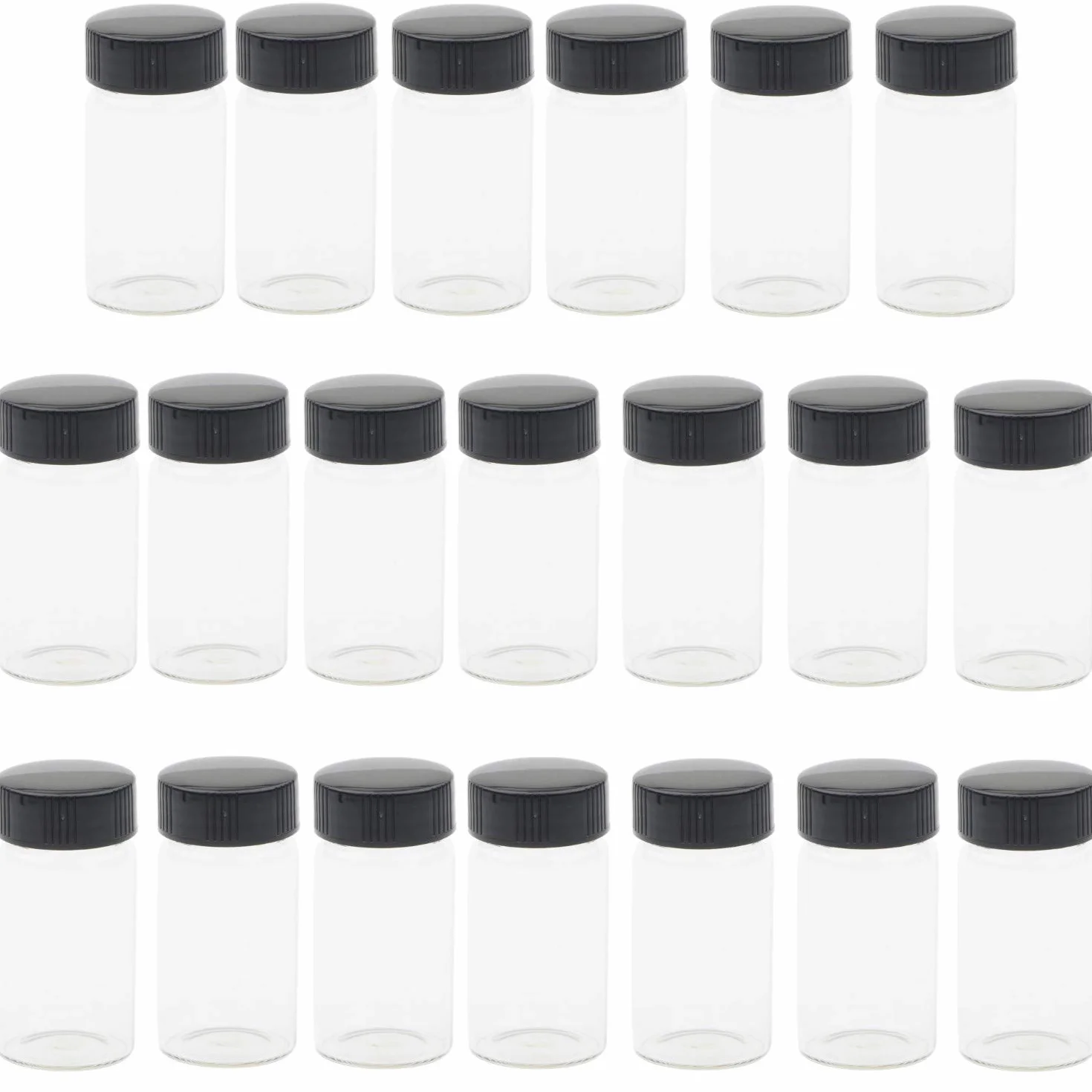 Botellas de Vidrio 20ml 2/3 Oz, Viales de Laboratorio con Tapa Negra, Transparente 20 Piezas