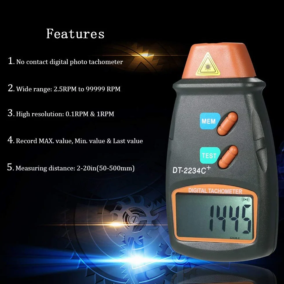 Tacómetro digital sin contacto 2,5-99.999 RPM pantalla LCD medidor velocidad motor con cinta reflectante