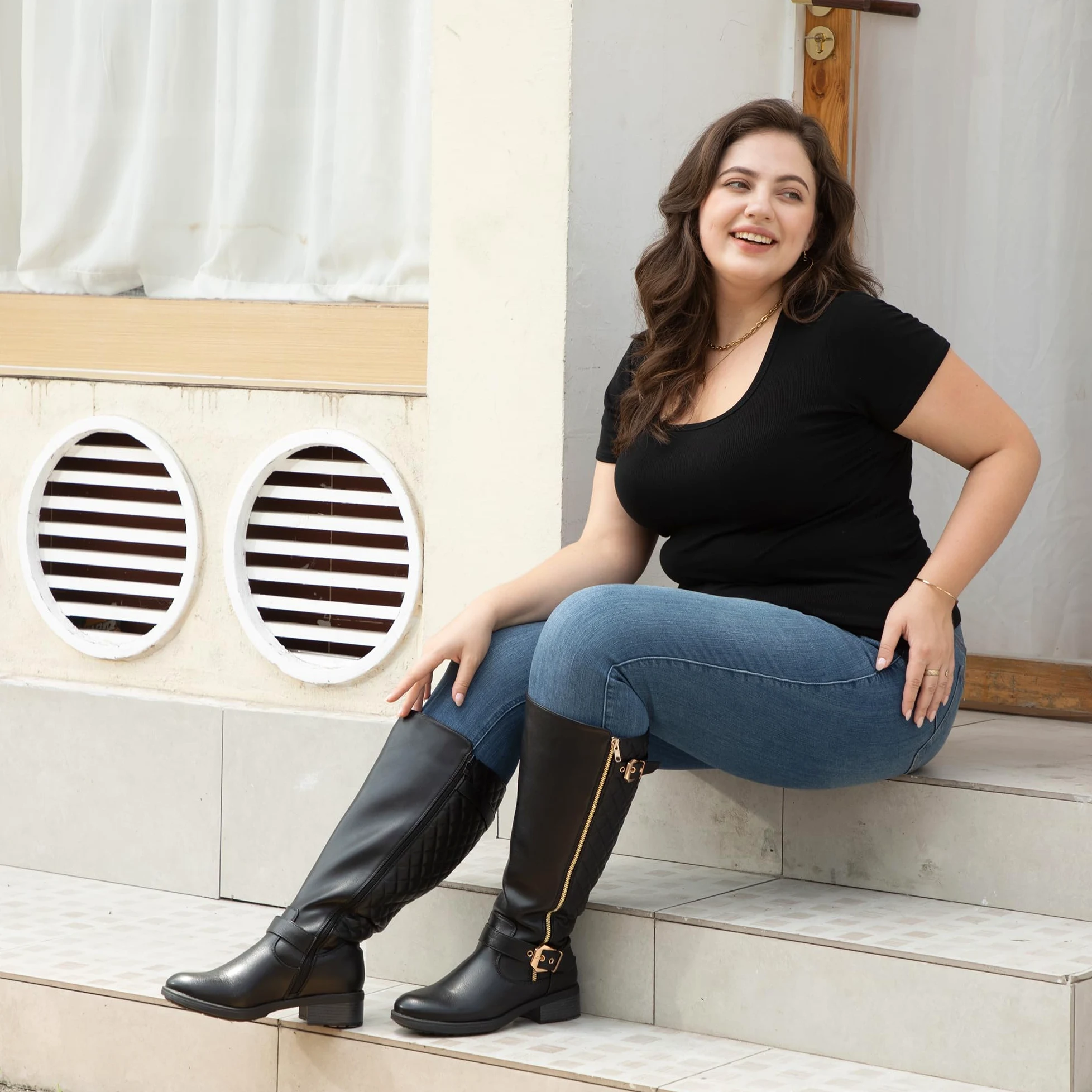Botas de montar hasta la rodilla extra anchas para mujer, estilo retro, con doble hebilla, estilo chic, para otoño