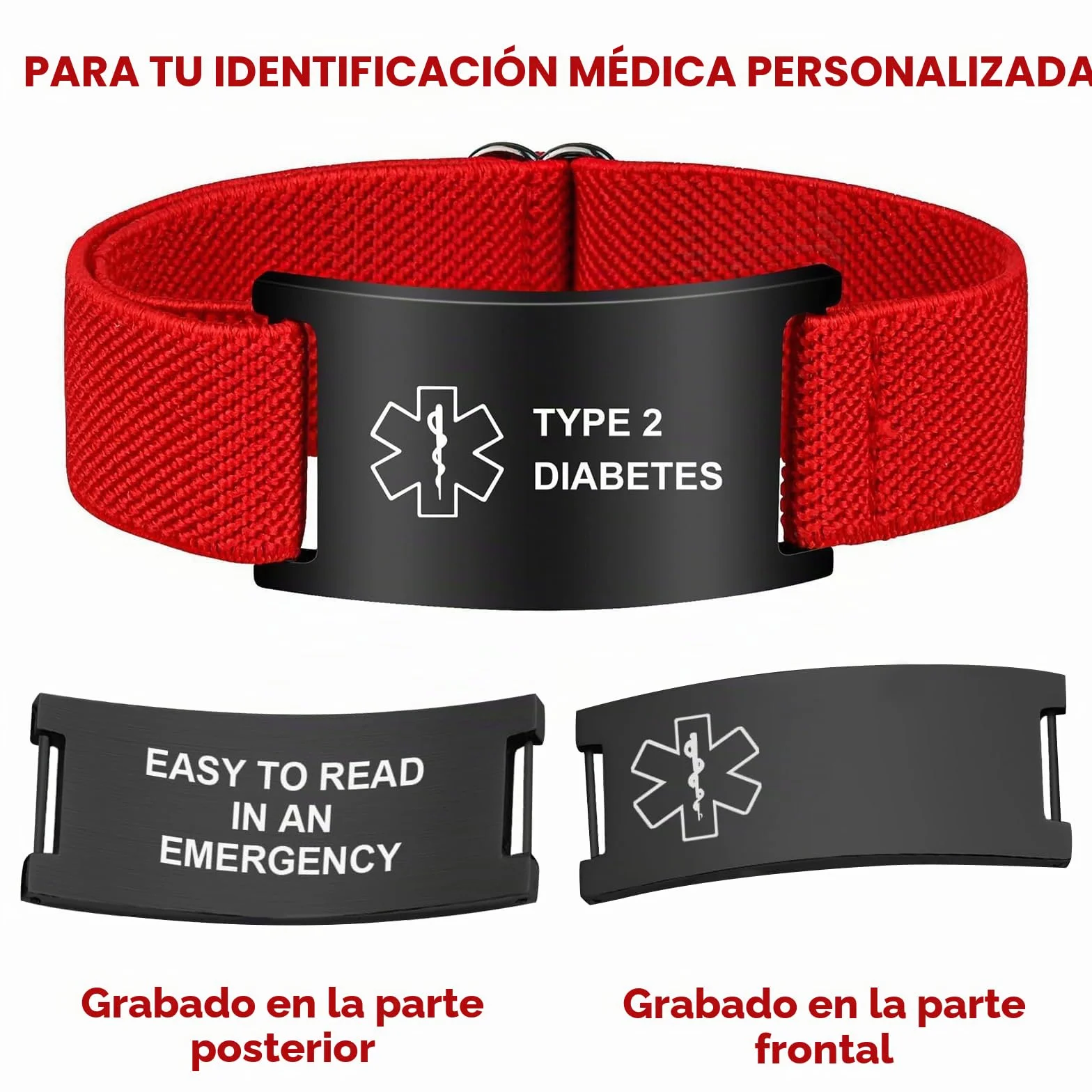 Pulsera de alerta médica personalizada de acero inoxidable grabada con correa elástica para diabetes epilepsia
