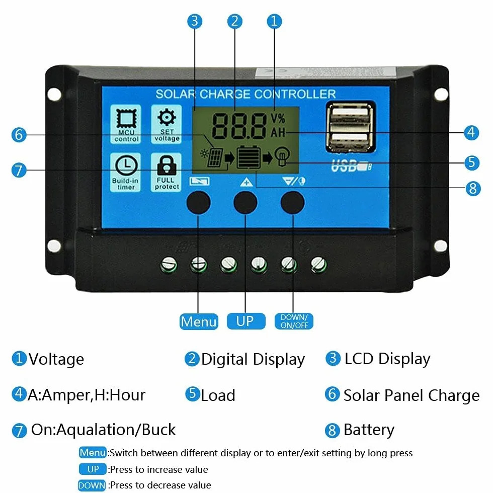 Controlador de Carga Solar PWM 30A 12V/24V Inteligente con Pantalla LCD y Puerto USB
