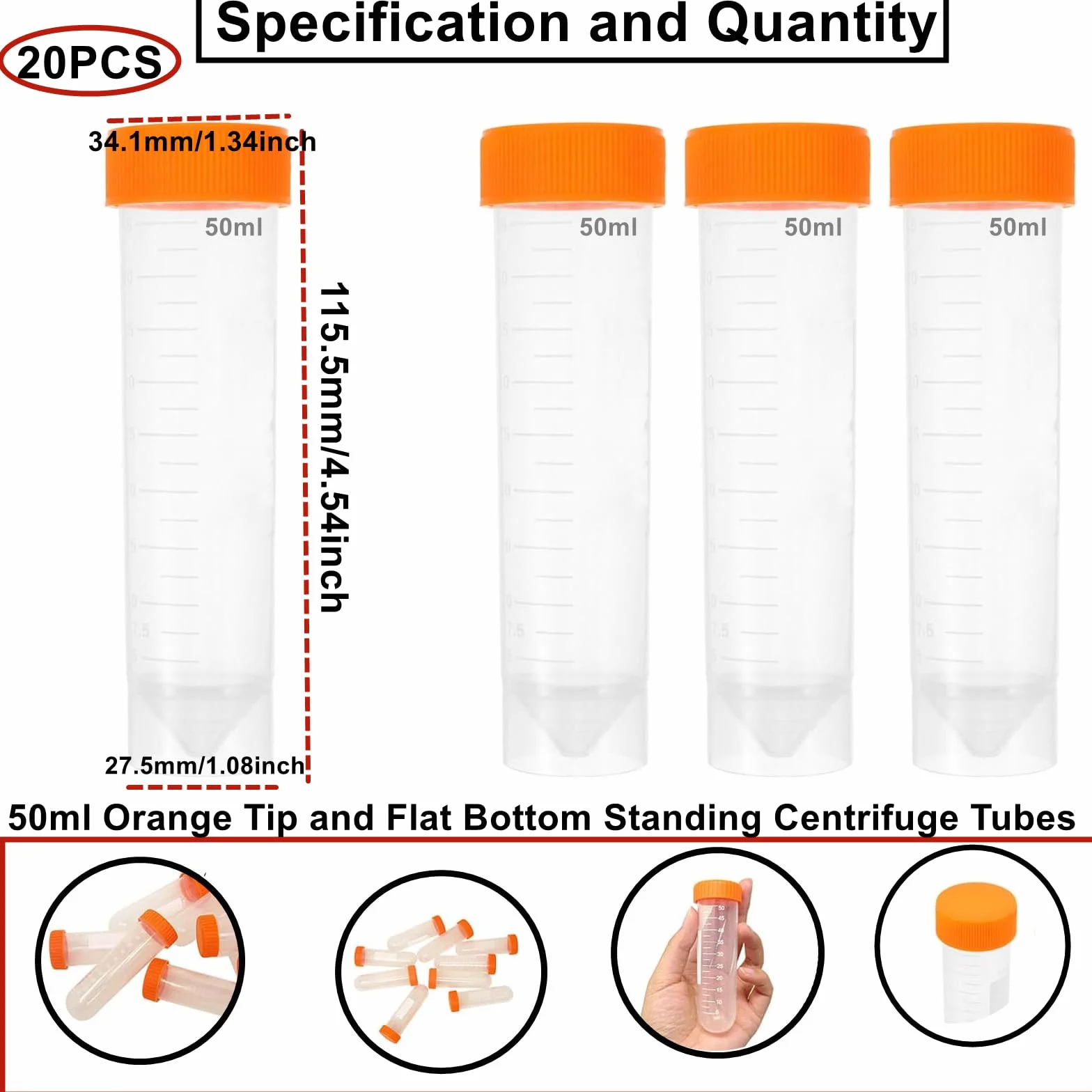 Tubo de ensayo de plástico 50 ml, transparente con tapa naranja, fondo cónico/plano, graduado para experimentos de química