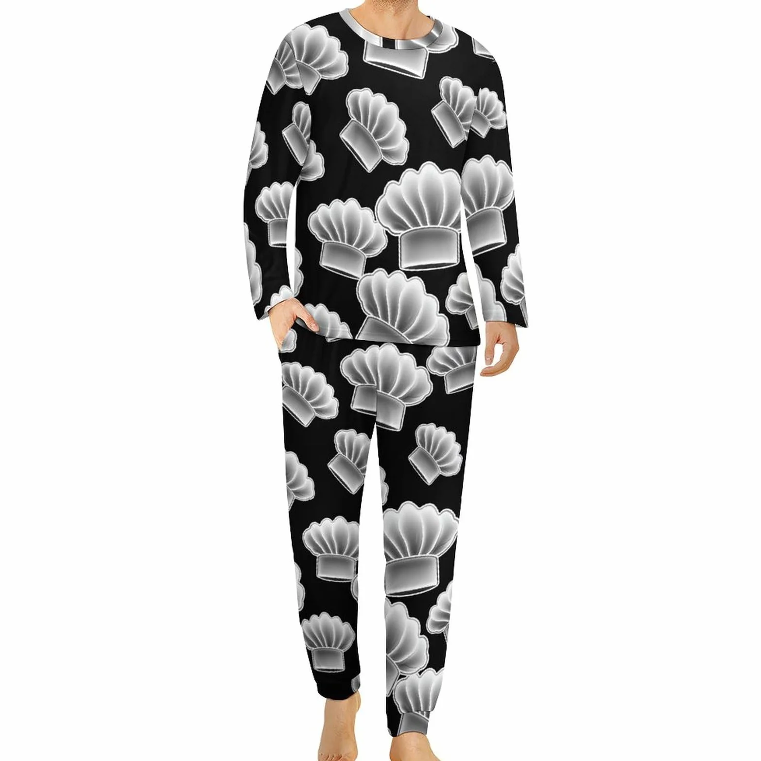 Conjunto de pijama para hombre con gorro de chef, cuello redondo, ropa de dormir larga, 2 piezas