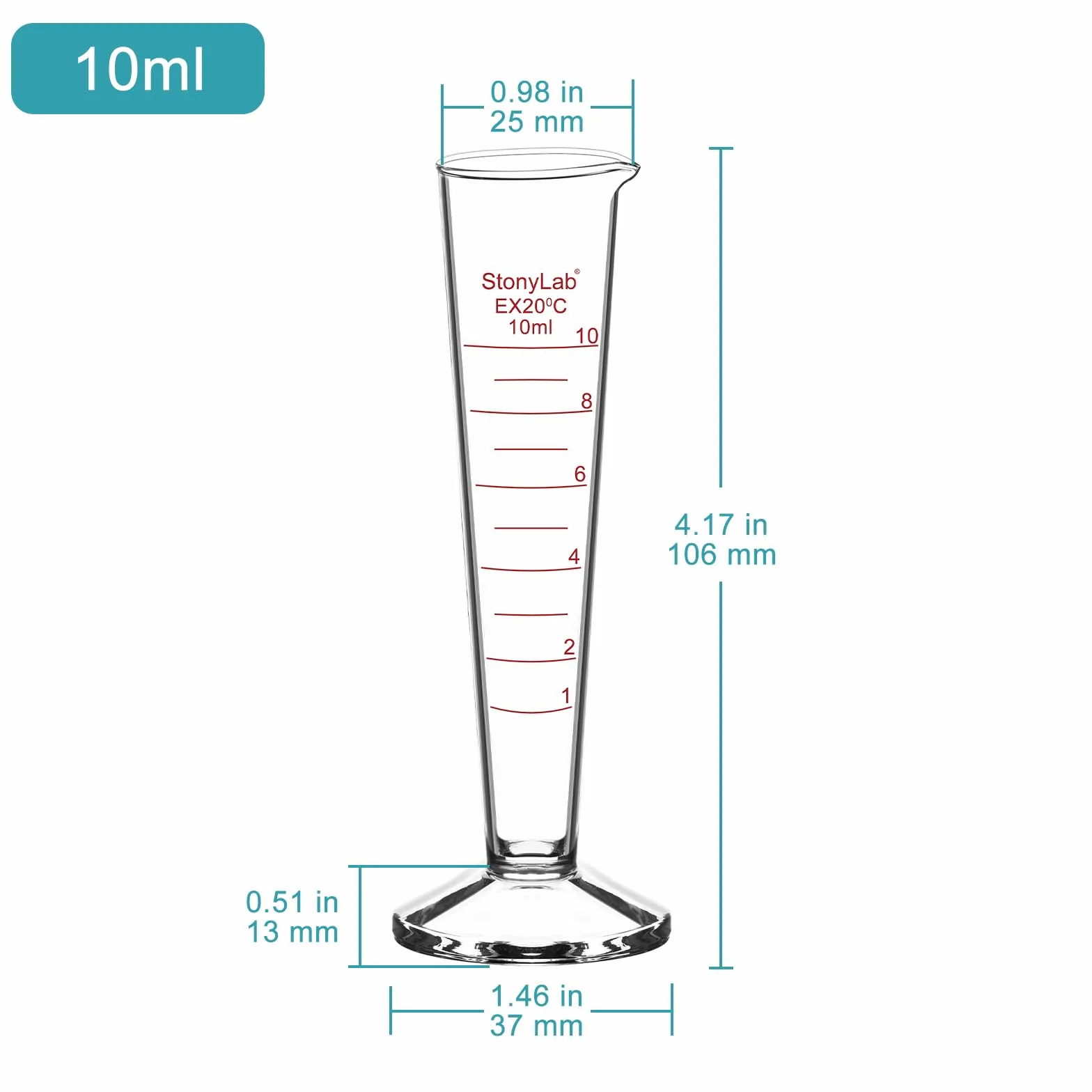 Cylindro Graduado de Vidrio Borosilicato 10 ml Boca Ancha Pico Vertedor