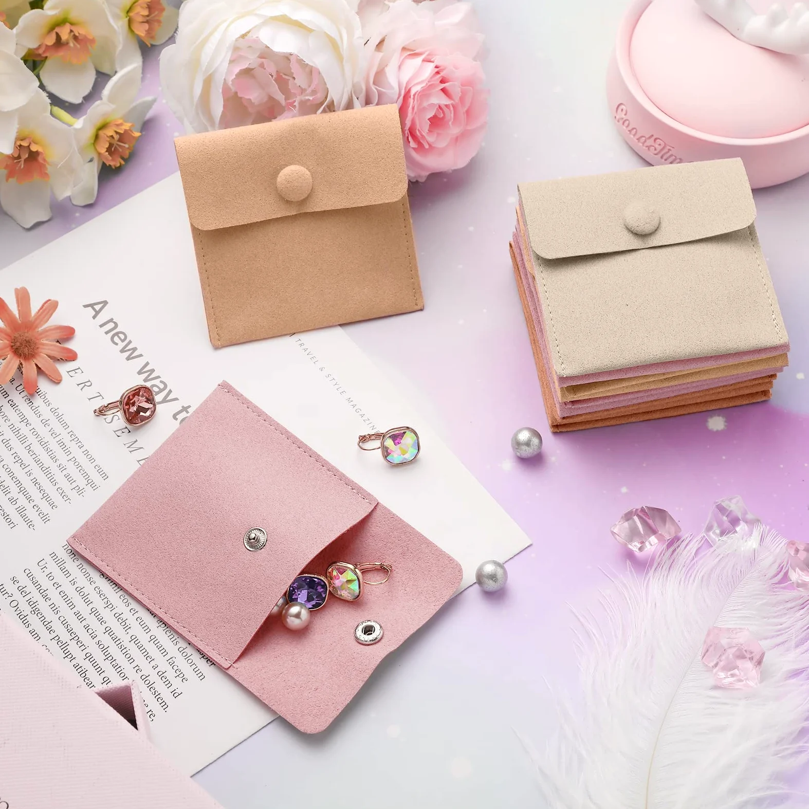 Bonuci Bolsa de microfibra para joyas, 8 x 8 cm, bolsa de embalaje de joyería, bolsa de regalo pequeña de lujo, botón a presión con divisor, bolsa de microfibra para embalaje de pulseras y collares