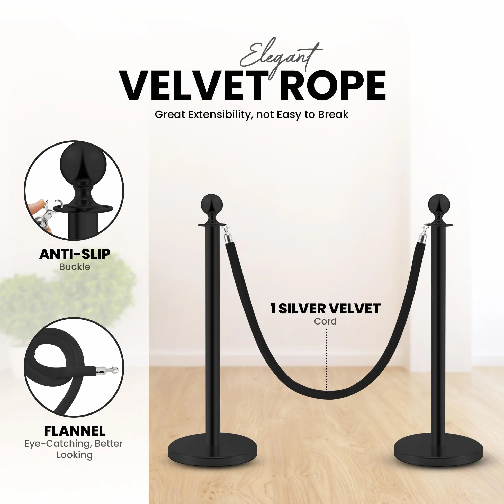Postes Separadores de Acero Inoxidable Negro 90 cm 2 Piezas con Cuerda de Terciopelo 1,5 m Control de Multitudes