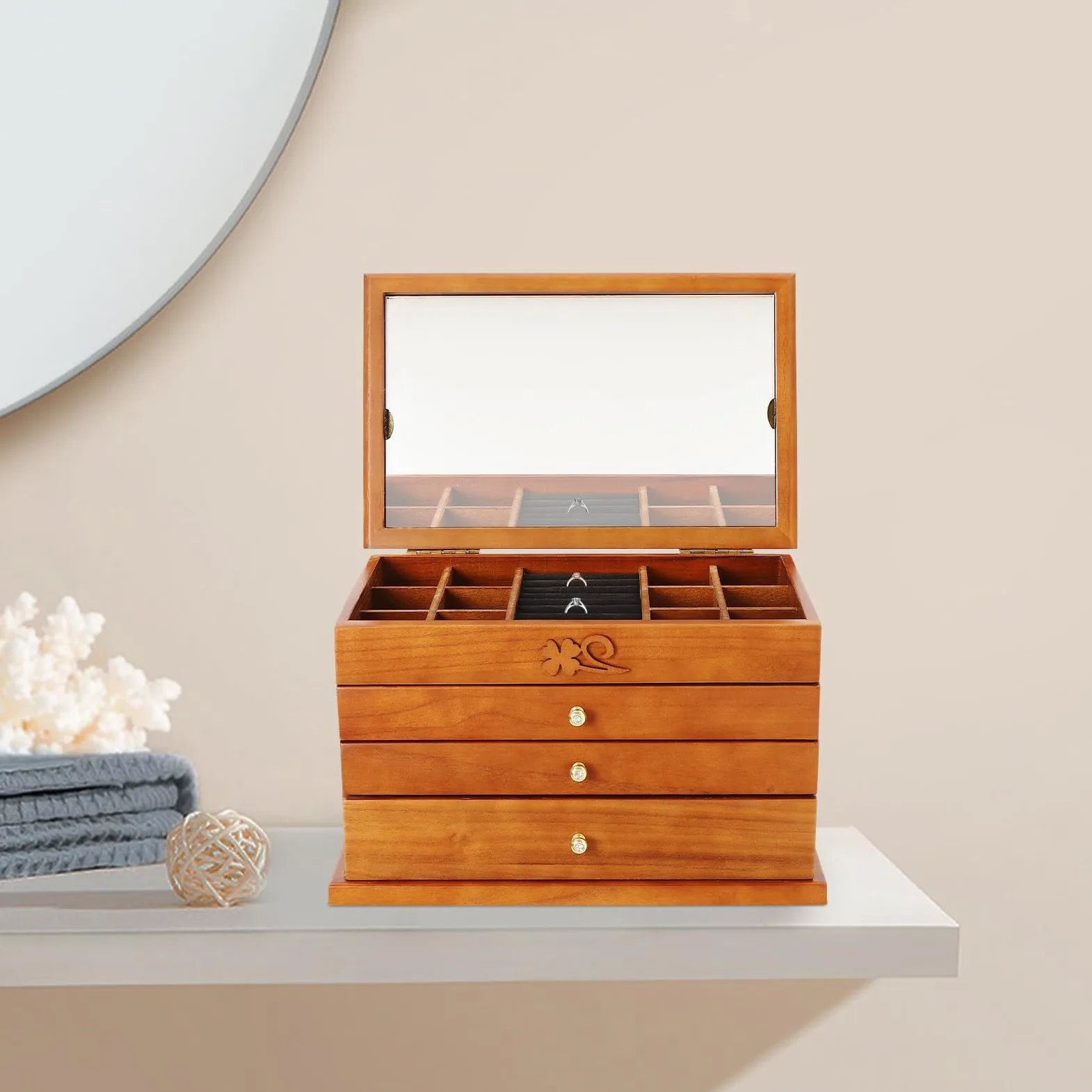 Joyero de 4 Niveles, Organizador de Madera para Joyas para Mujeres, joyero de Madera con Cerradura y Espejo, cajones extraíbles para Joyas, Relojes, Collares, Anillos, Caja de Almacenamiento