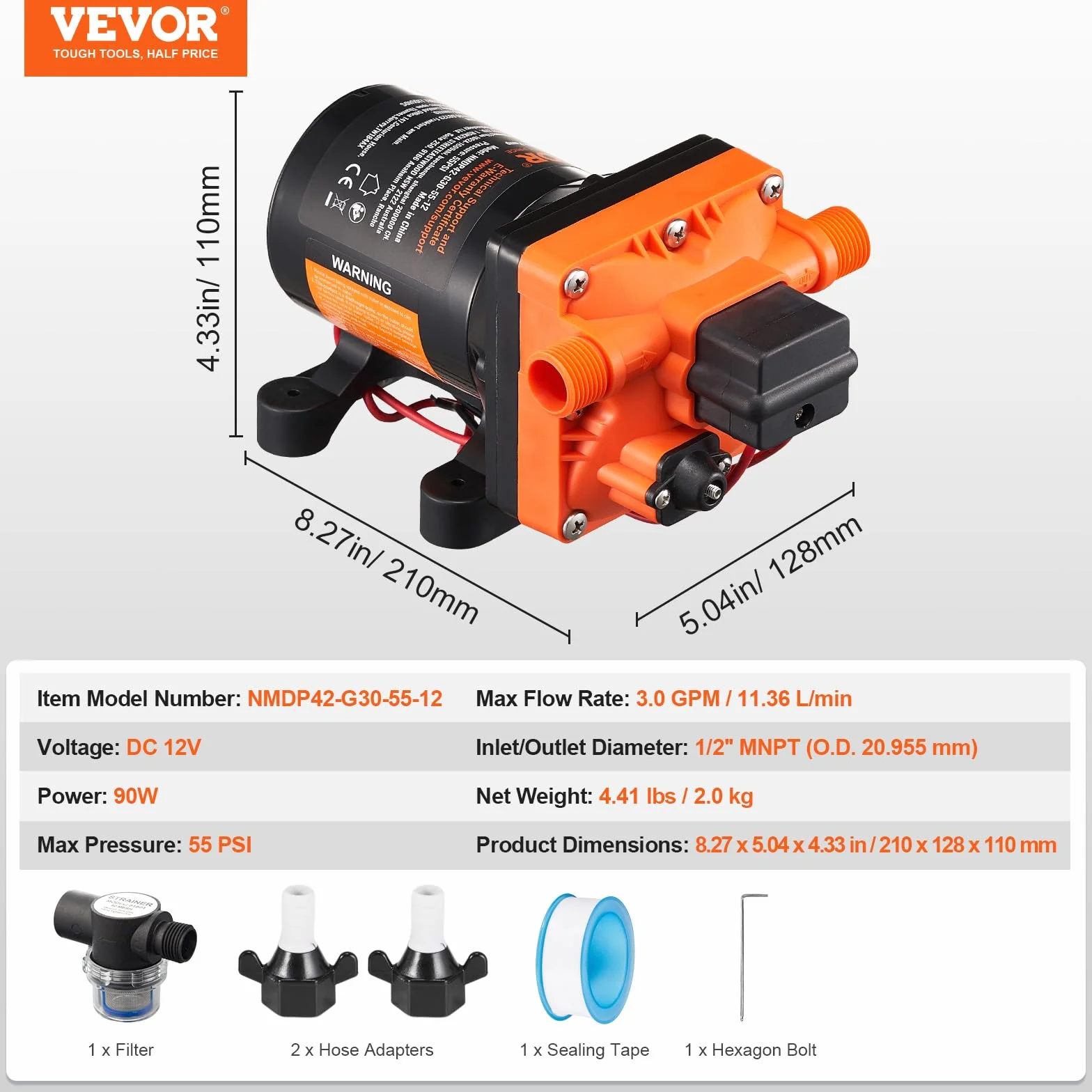 VEVOR Bomba de Diafragma 12 V 11,36 L/min 4 Cámaras 40-100 PSI 55 PSI Puerto MNPT 12,7mm