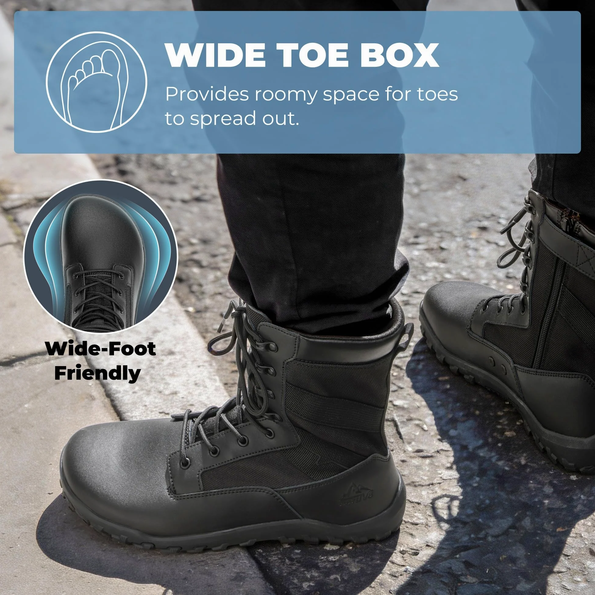 NORTIV 8 Botas tácticas militares de punta ancha para hombre, sin caída, minimalistas, de cuero, con cremallera lateral, botas de combate para motocicleta