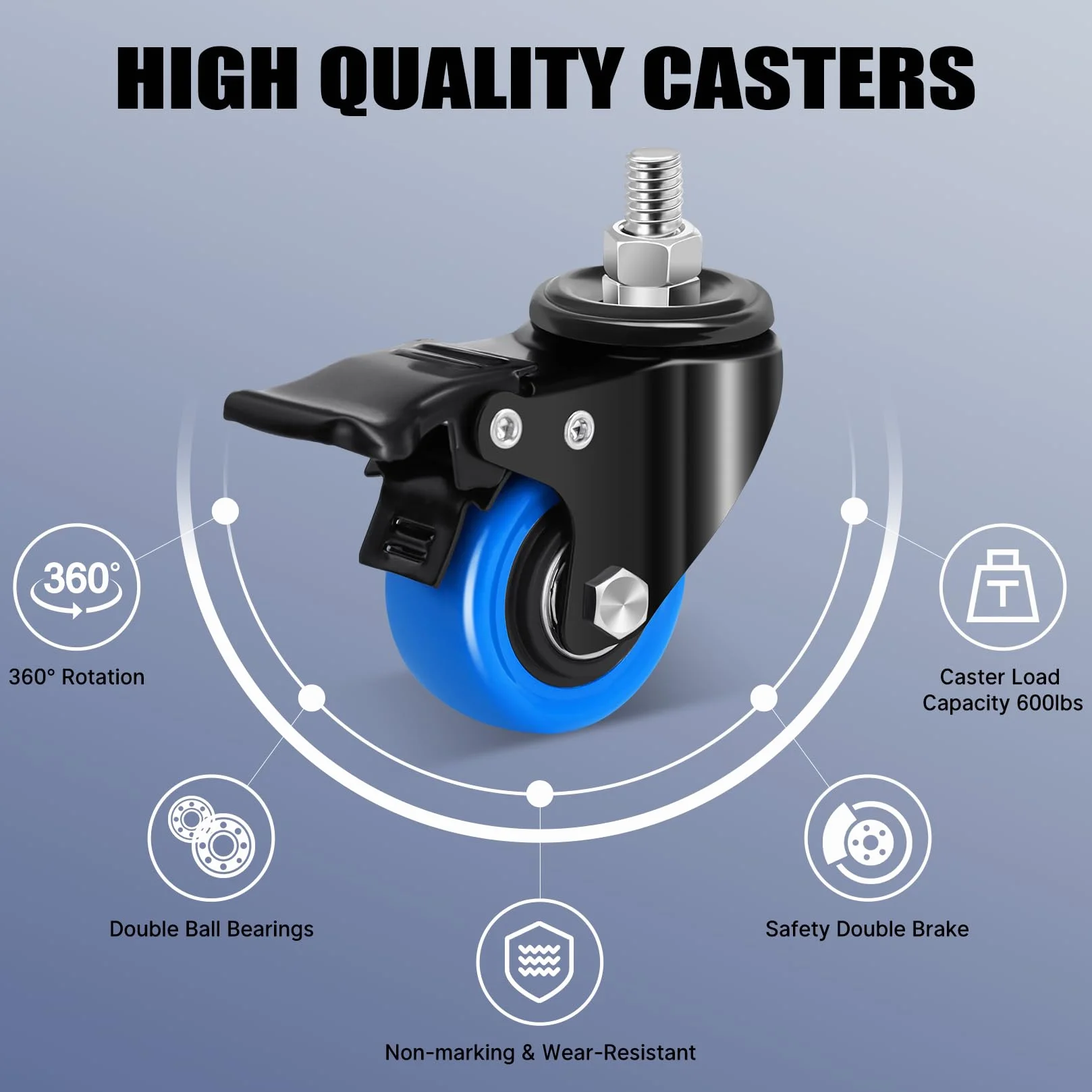 Ruedas para Muebles Pesados 50mm con Vástago Roscado M8 x 1,25x 25mm, Giratorias Carga 270KG, 360° Pivotantes con Freno, Juego de 4
