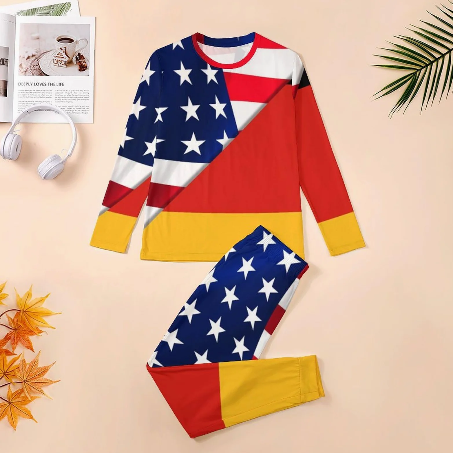 Conjunto de pijama para hombre con bandera de Estados Unidos y bandera alemana, cuello redondo, ropa de dormir larga, 2 piezas
