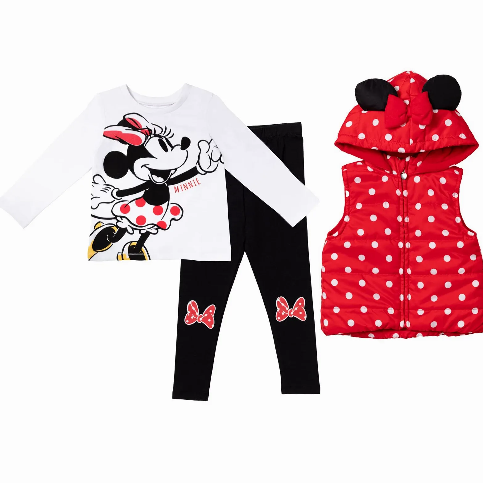 Disney Minnie Mouse - Chaleco con cremallera y polainas, diseño gráfico de camiseta y leggings de 3 piezas para niños grandes
