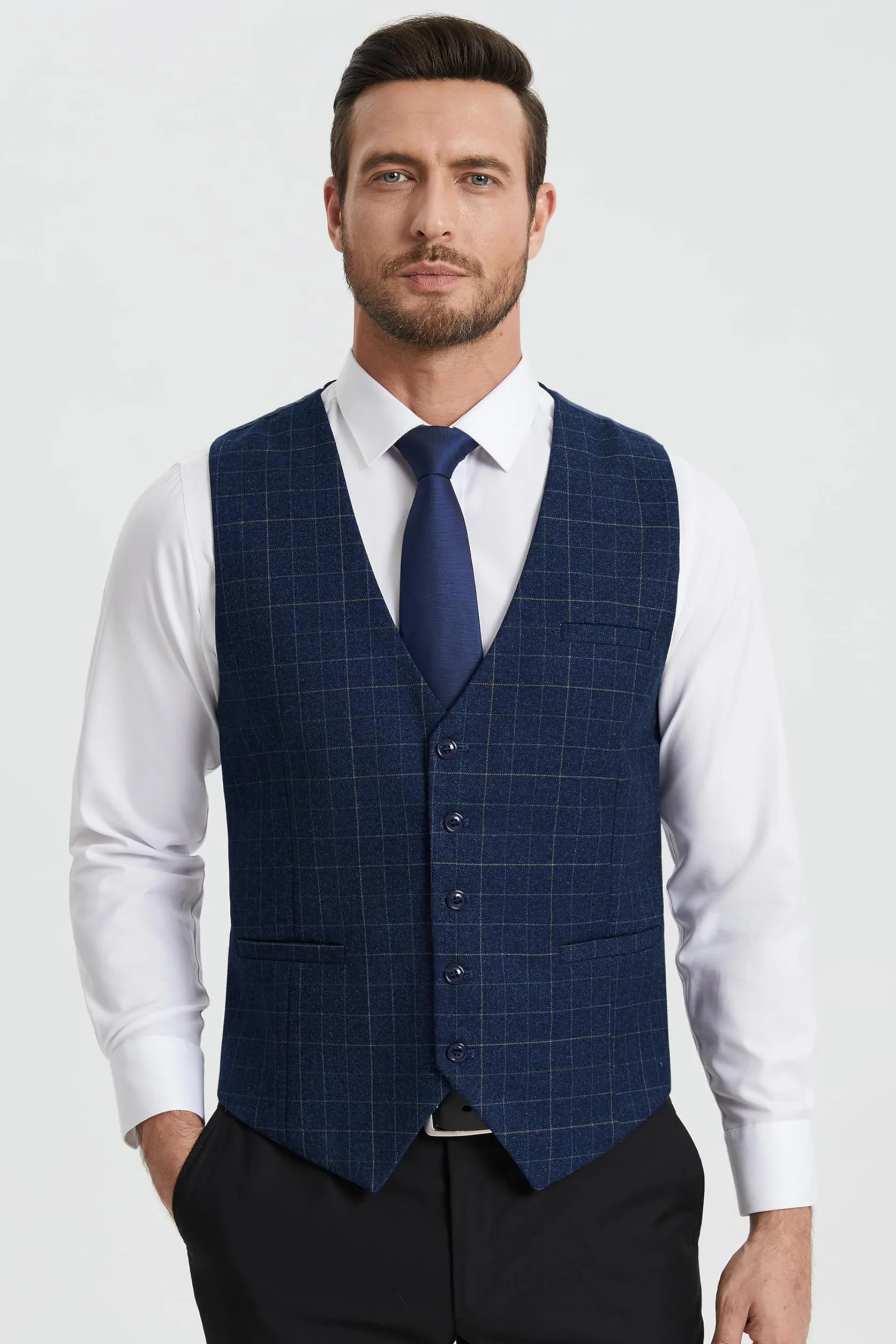 HISDERN Chaleco Formal de Fiesta de Boda para Hombre Chaleco de Algodon Vestido a Cuadros