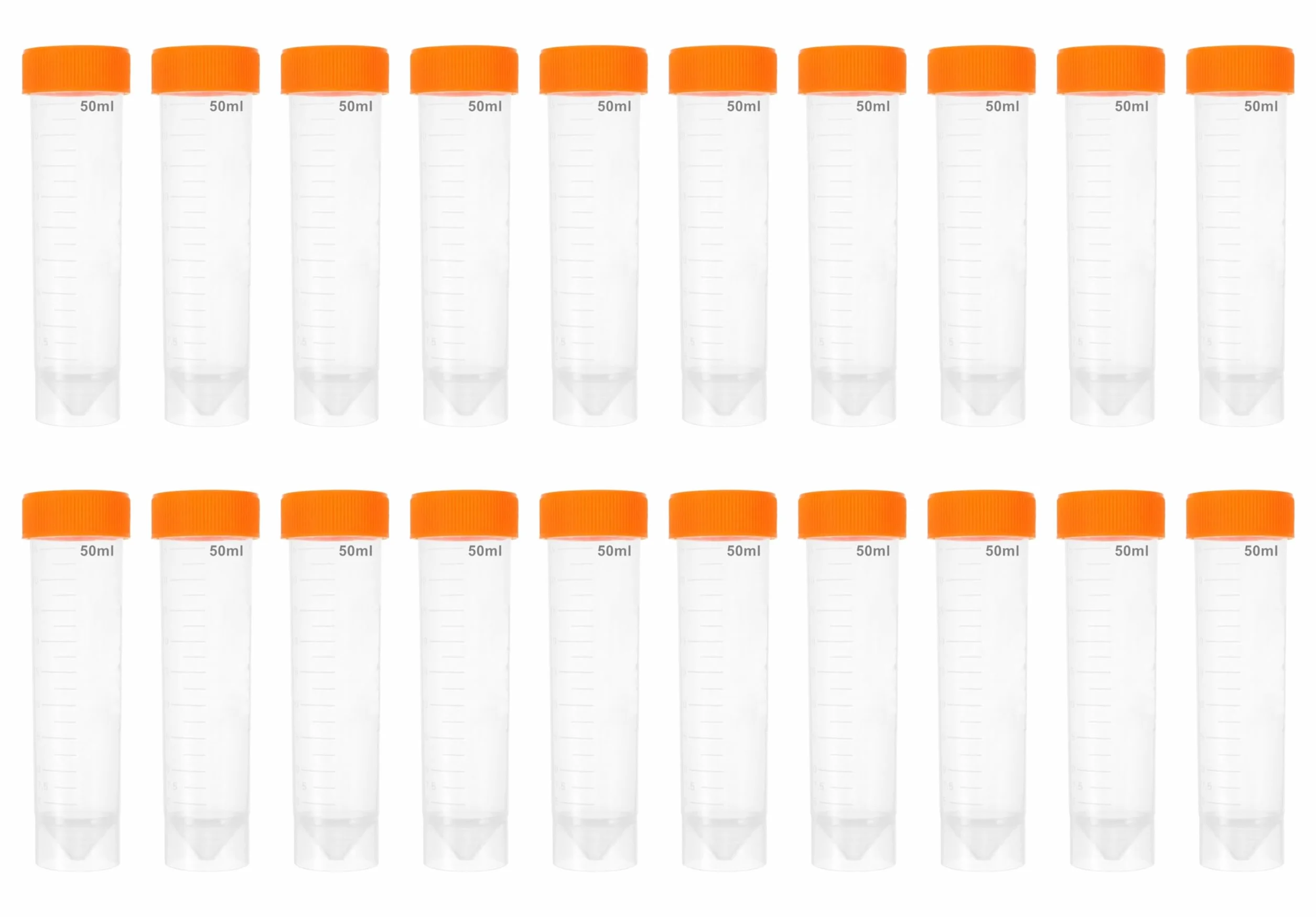 Tubo de ensayo de plástico 50 ml, transparente con tapa naranja, fondo cónico/plano, graduado para experimentos de química