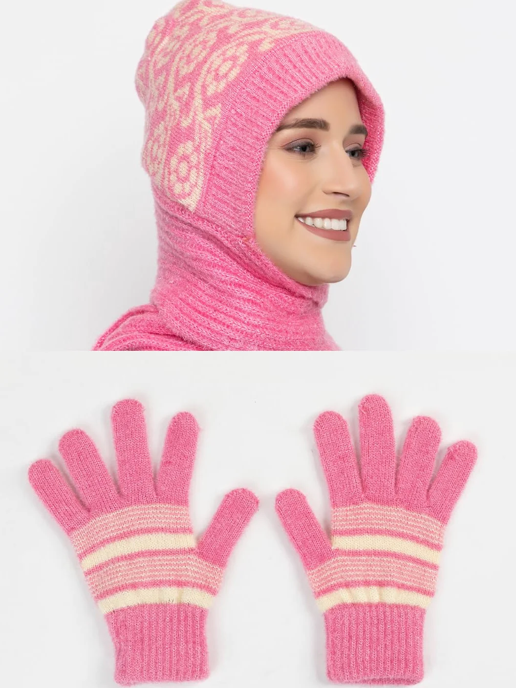 AMOLDO Conjunto combinado de gorro de lana de invierno para mujer con silenciador/scraf y guantes (gorra de diseño)