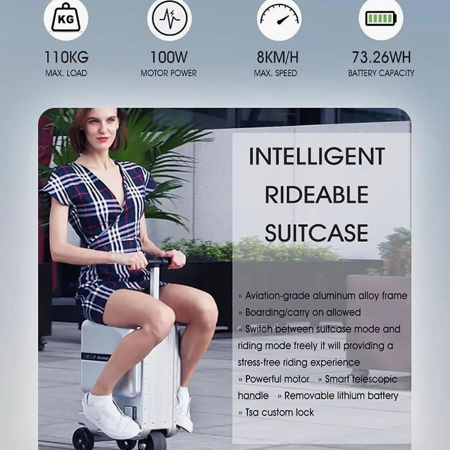 TYH Maleta De Mano Eléctrica para Montar, Patinete con Asa Telescópica, 2 Baterías, Control por App, Acceso Directo, Ajuste De 3 Velocidades, Batería Extraíble Y Puerto De Carga Externo.