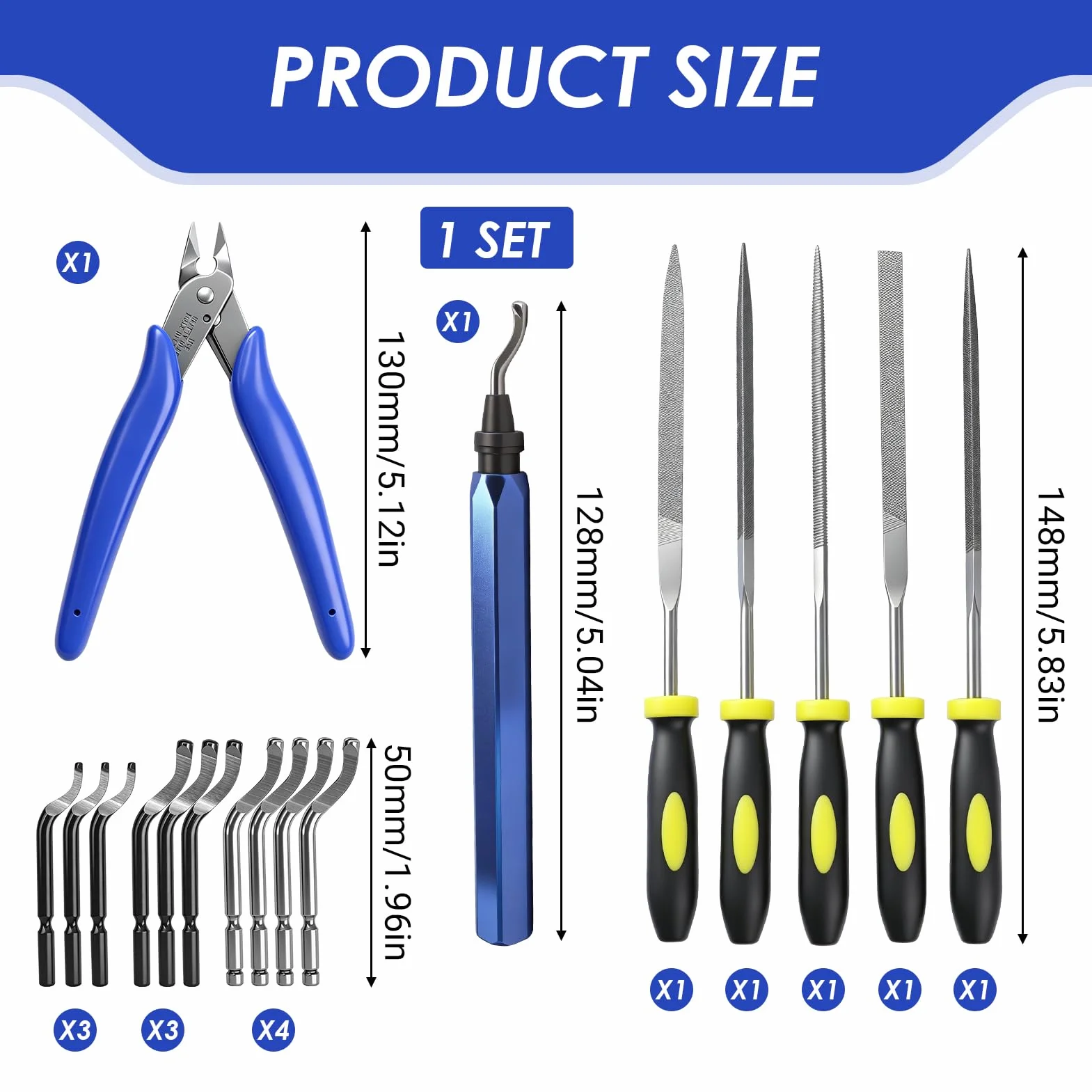 Kit de Desbarbado Manual con 10 Cuchillas, 5 Limas y Alicate de Corte para Metal, Plástico, Resina