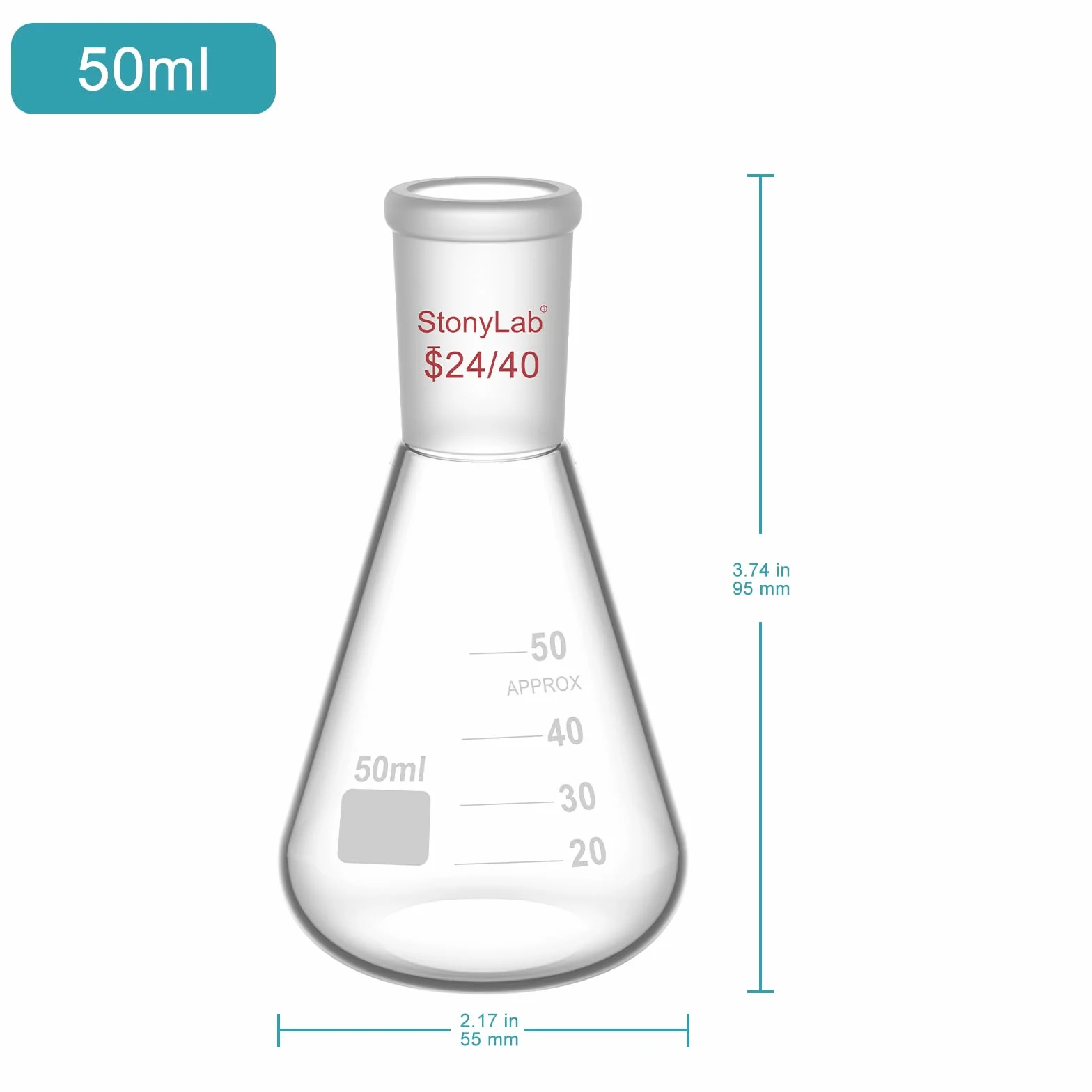 Matraz Erlenmeyer de Cristal 24/40 50ml, Frasco de Laboratorio de Vidrio de Borosilicato de Pared Gruesa
