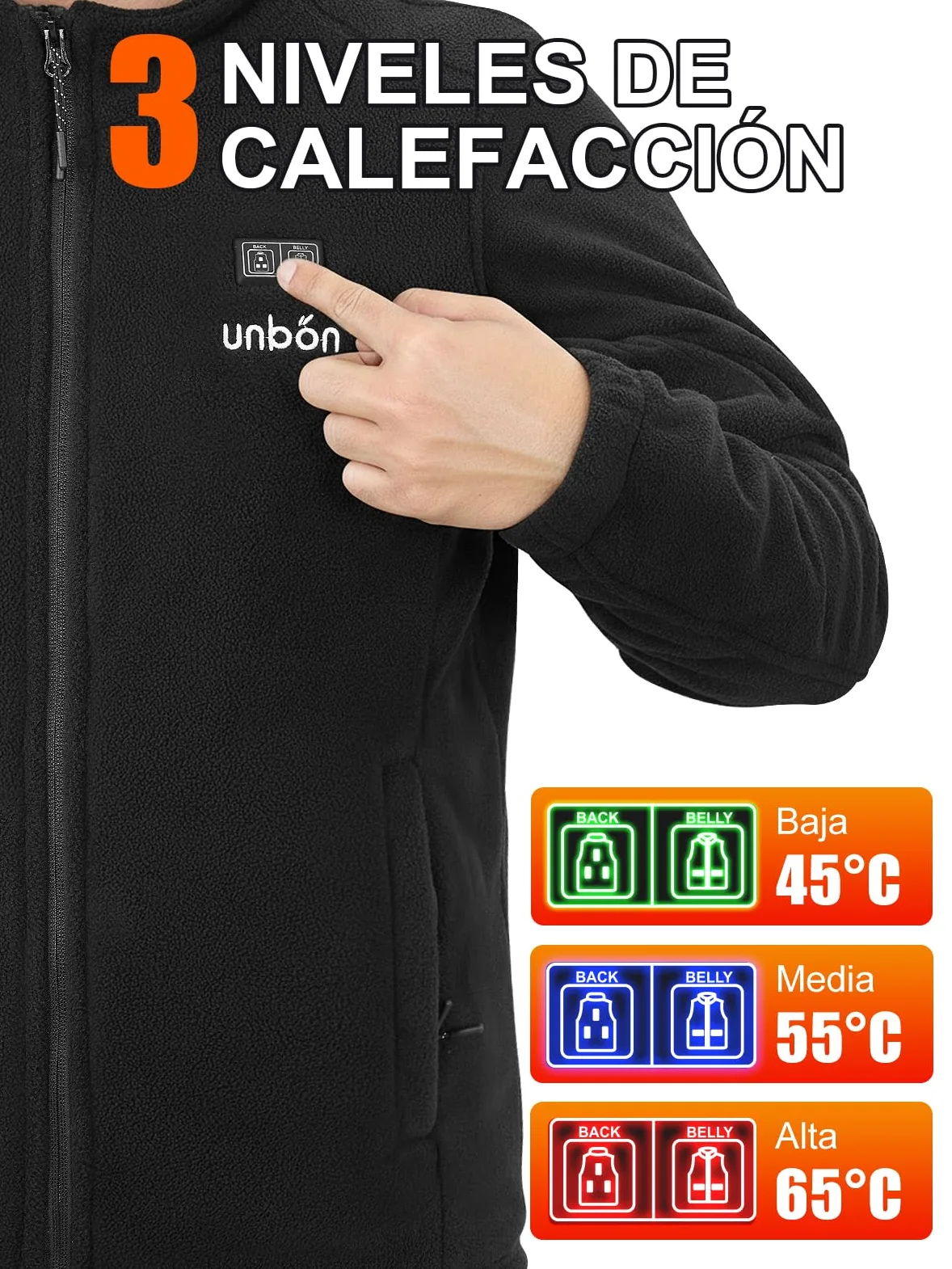 UNBON Chaqueta Calefactable Hombre con Batería USB 10000mAH, Chaqueta con Calefacción Hombre Polar Termica con 3 Temperaturas 6 Zonas de Calor, Abrigo Cazadora Calefactable Para Moto Trabajo Negro S