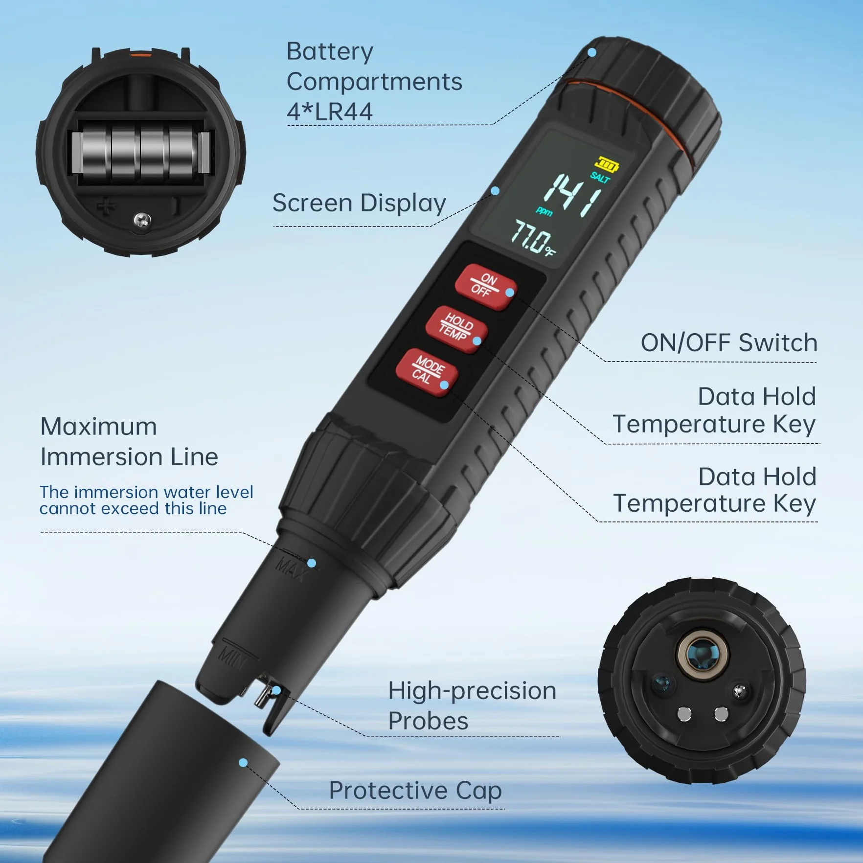 Forever Speed Medidor de pH Agua 7 en 1 pH Meter pH/TDS/EC/ORP/SALT/S.G./TEMP Alta Precisión para Piscina Acuario