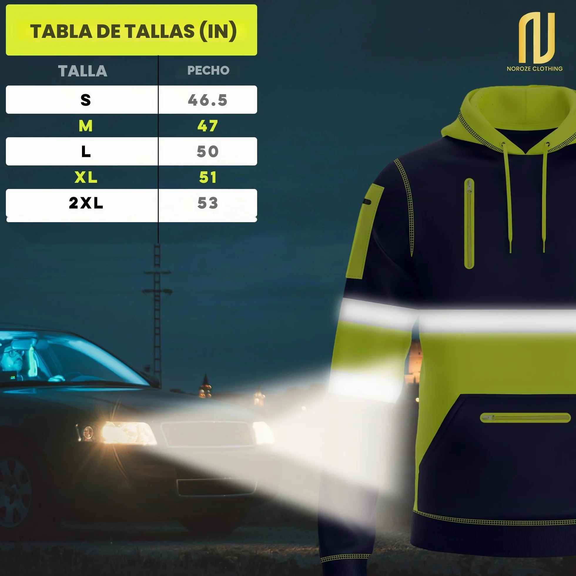 NOROZE Hombres Sudadera Alta Visibilidad Cinta Reflectante Abrigo Seguridad 4 Bolsillos Cremallera