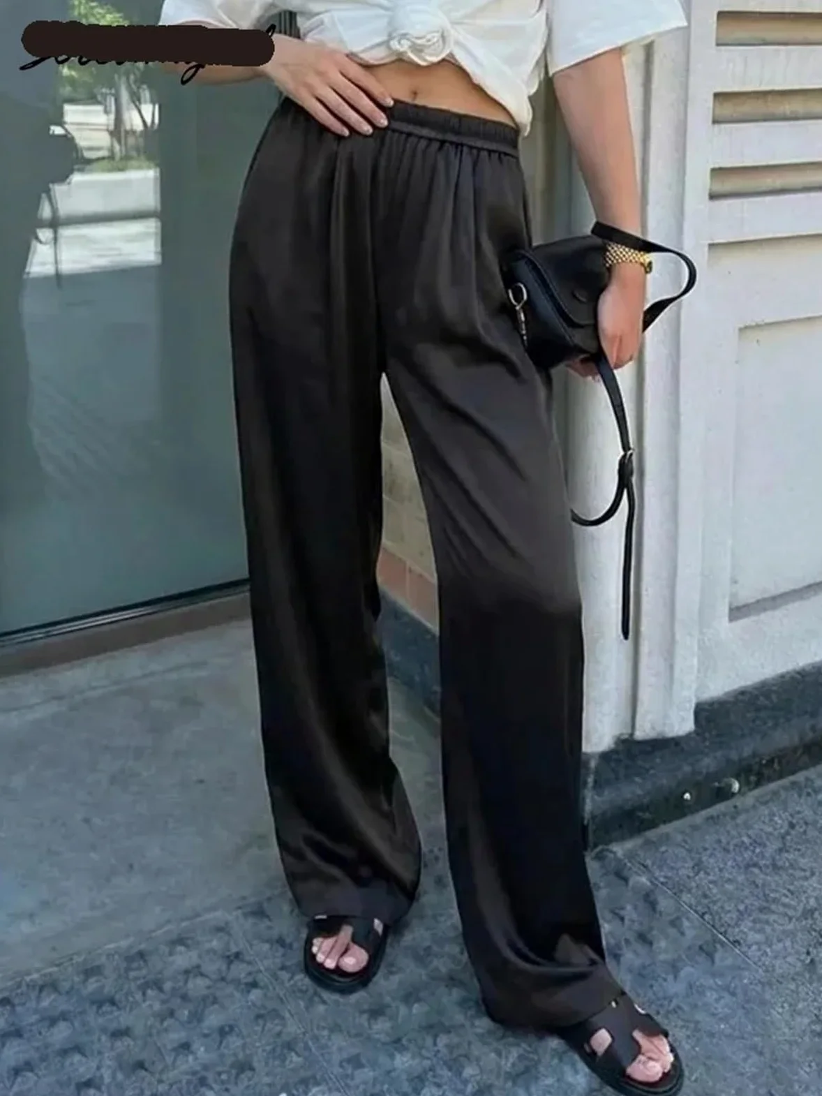 Pantalones Anchos de satén for Mujer, Pantalones con Bolsillos, Holgados Cintura Alta Negros y Marrones for