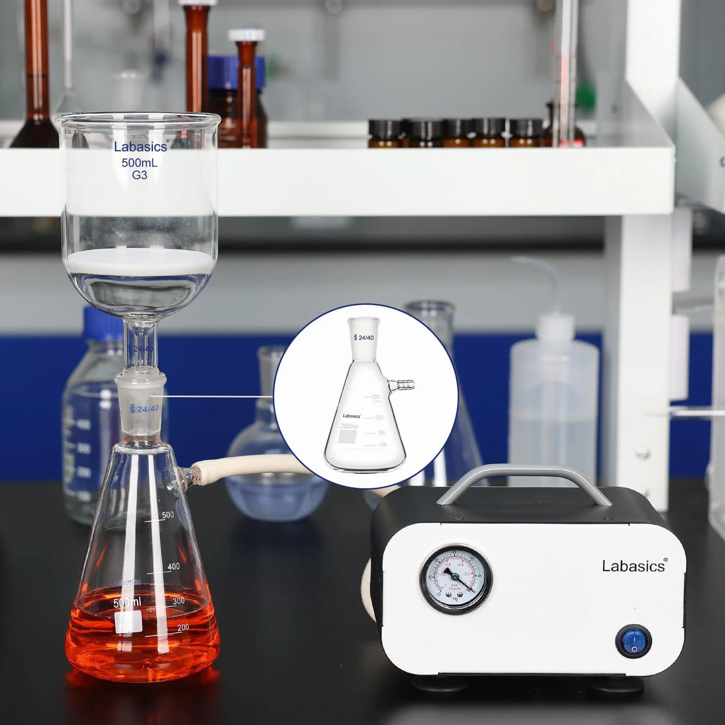 Labasics Matraz de Filtración 250 ml con Junta Cónica 24/40, Vidrio de Borosilicato, Cuello con Tornillo