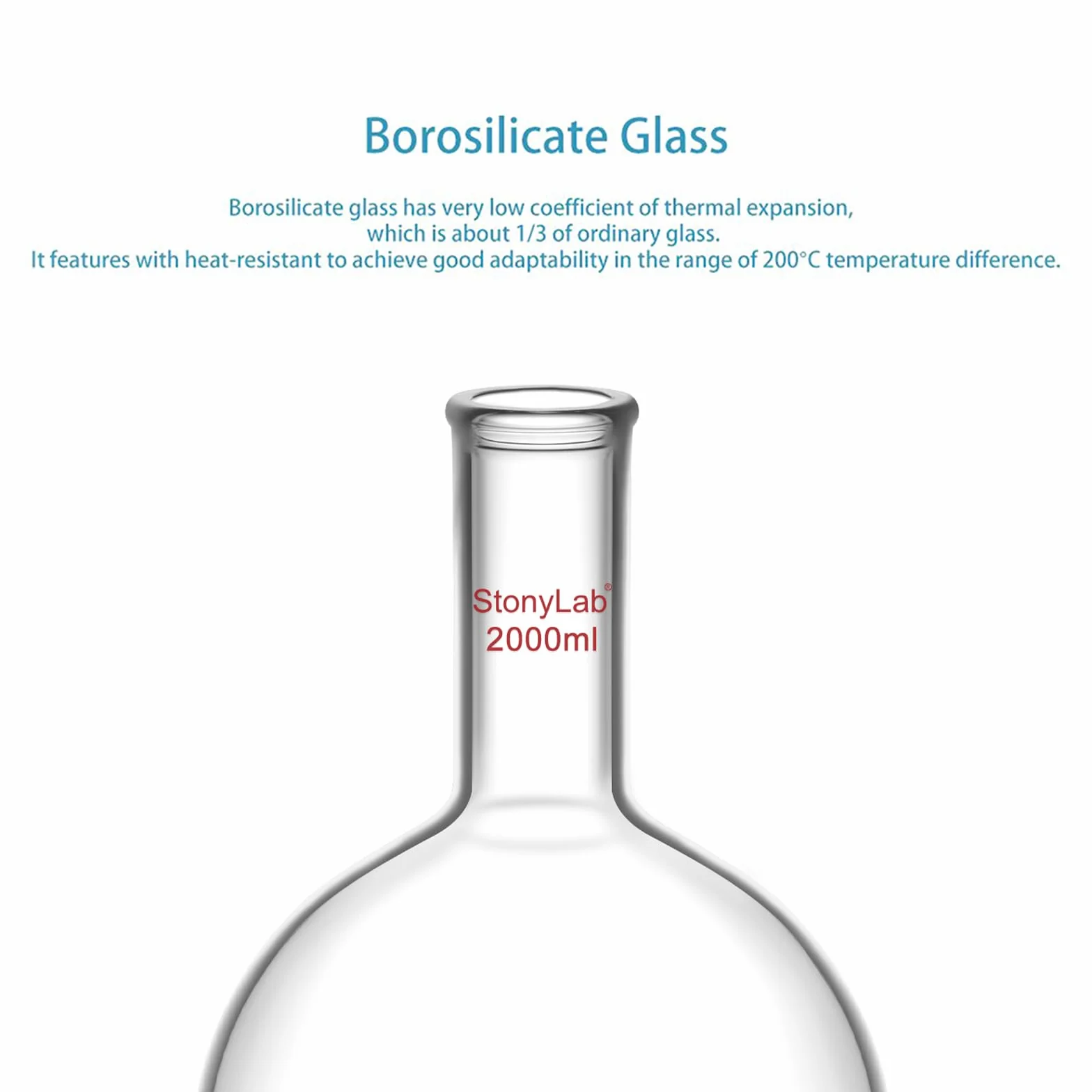 Matraz Fondo Plano 2000ml (2L) de Cristal Borosilicato Pared Gruesa con Cuello Largo Matraz Laboratorio