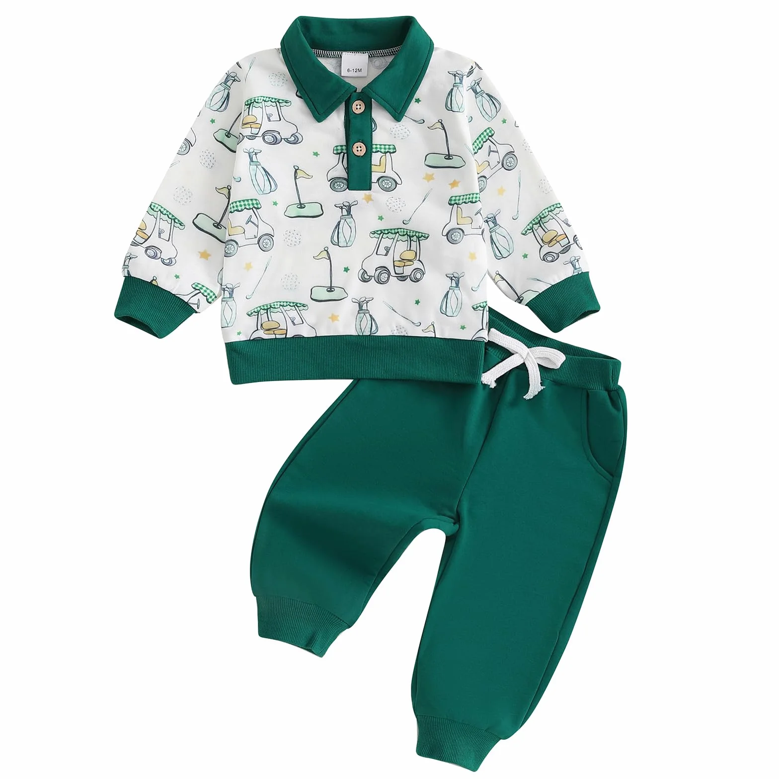 Chloefairy Conjunto de 2 piezas de ropa de otoño para niños pequeños con estampado de carrito de golf, sudadera tipo polo y pantalones largos, 6M-4T