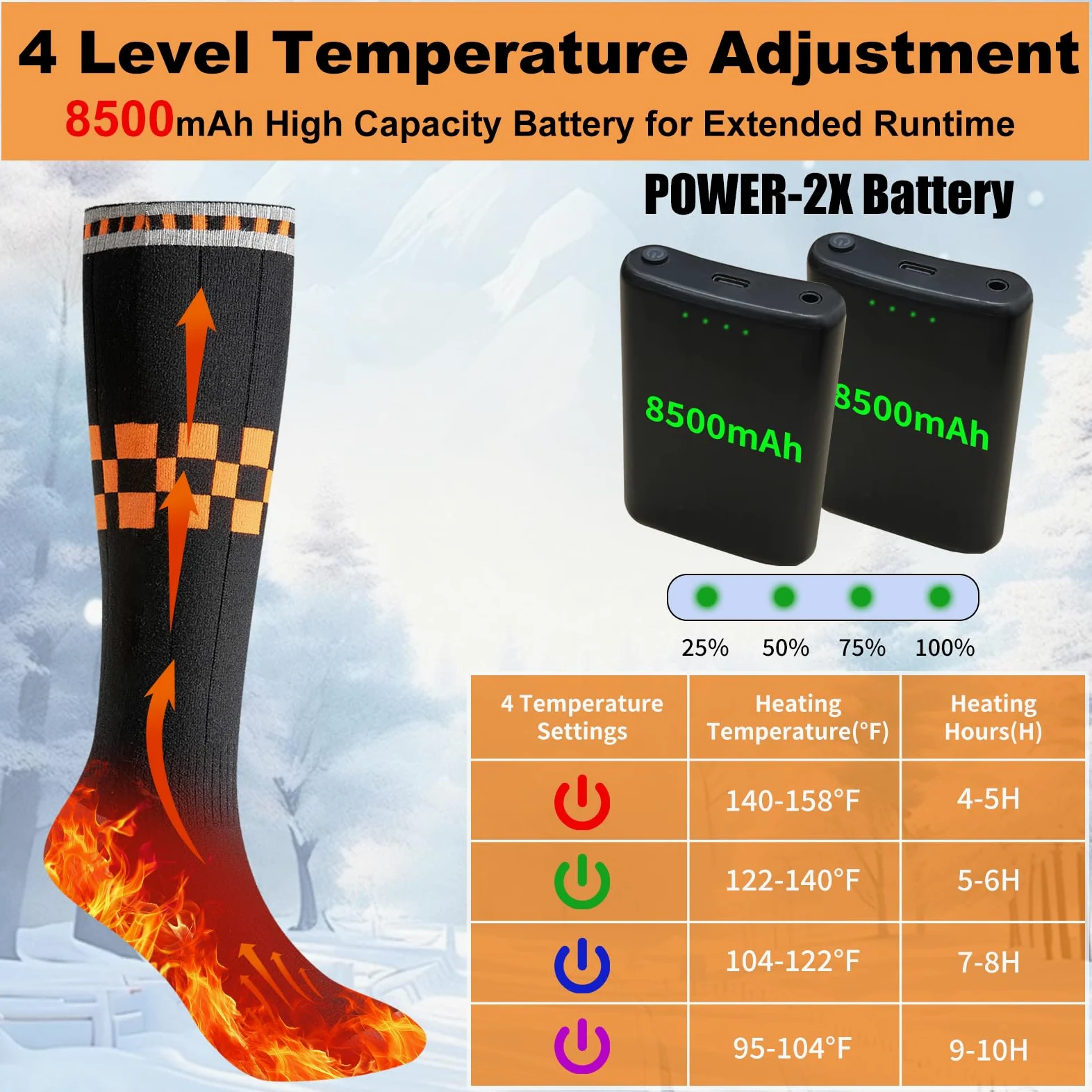Calcetines con calefacción, funciona con pilas, 2 baterías recargables, control de aplicación, negro, talla única