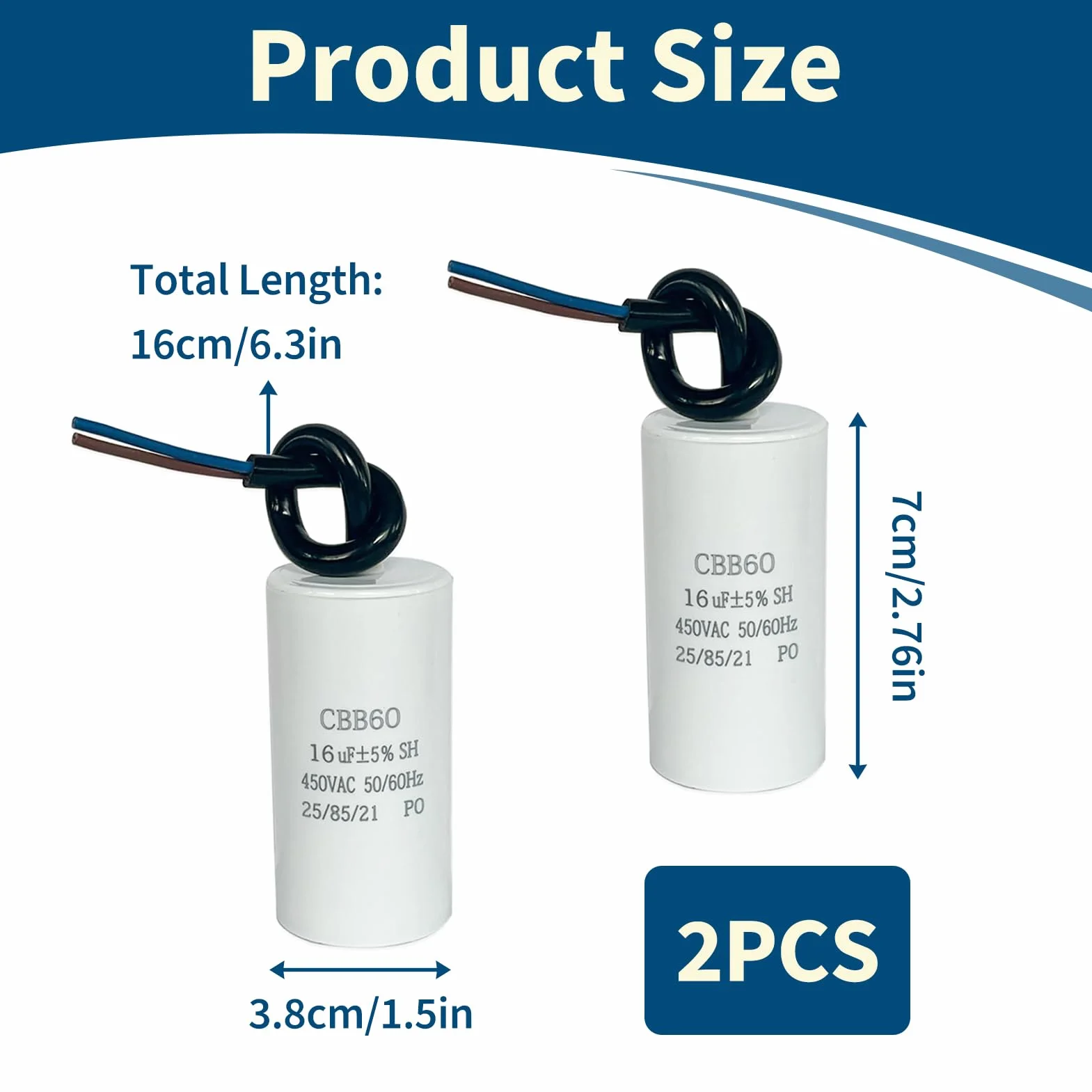 CBB60 Condensador de Arranque 16uF 450VAC 50/60Hz para Motor Eléctrico Electrodomésticos Lavadora