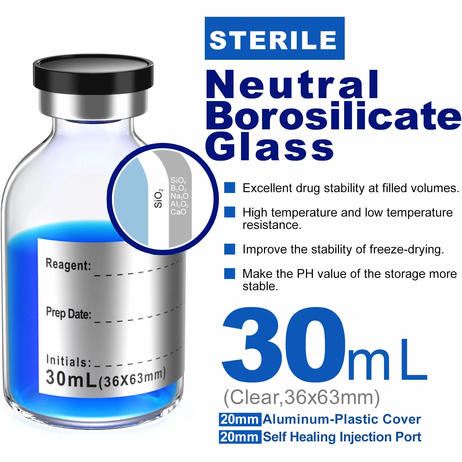 Biomed Solutions Vial estéril vacío 30 ml 8 unidades tubo vidrio borosilicato tipo 1 tapón goma butílica cierre superior