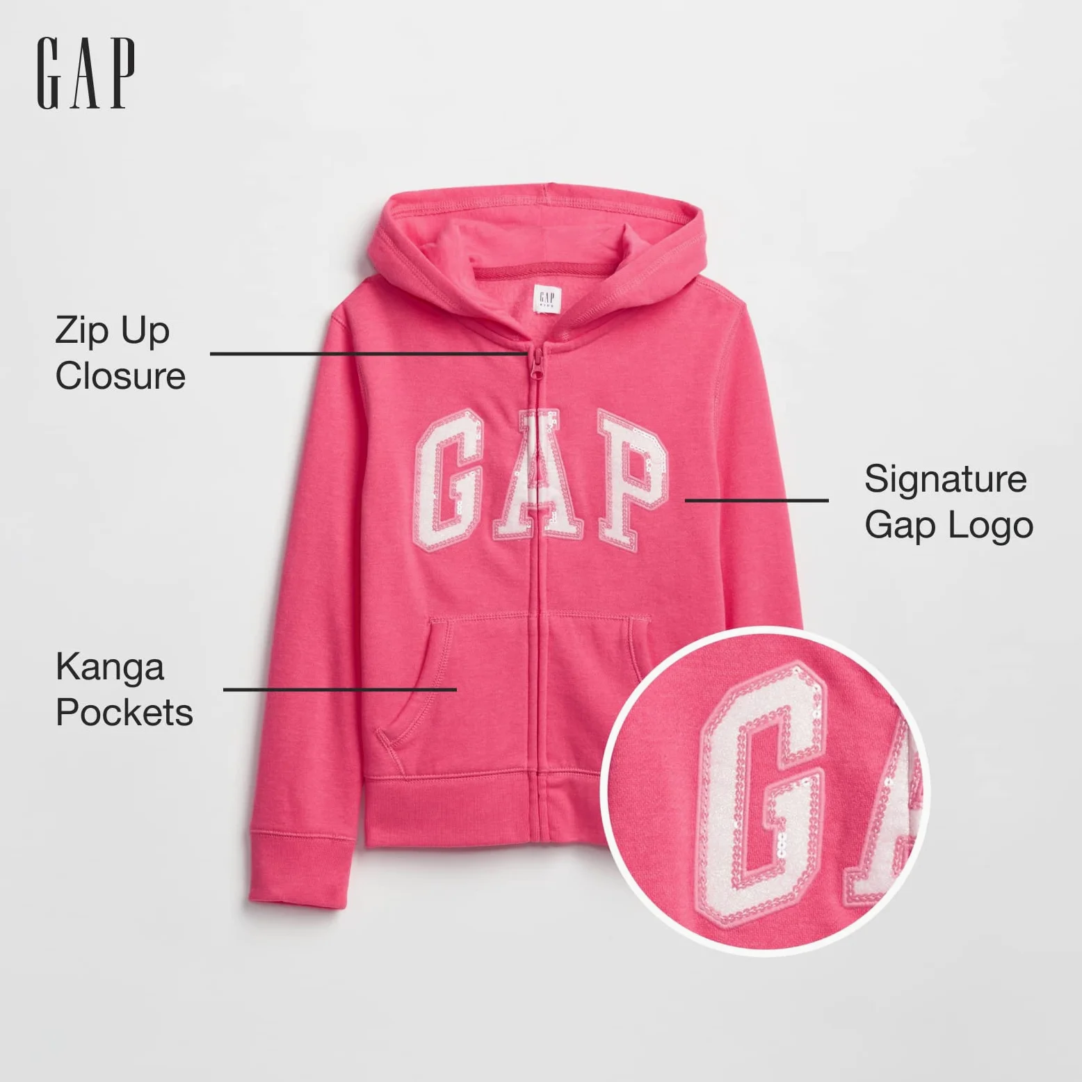 GAP Logo Hoodie Hooded Full Zip Sweatshirt Sudadera con Capucha Niñas y Chicas