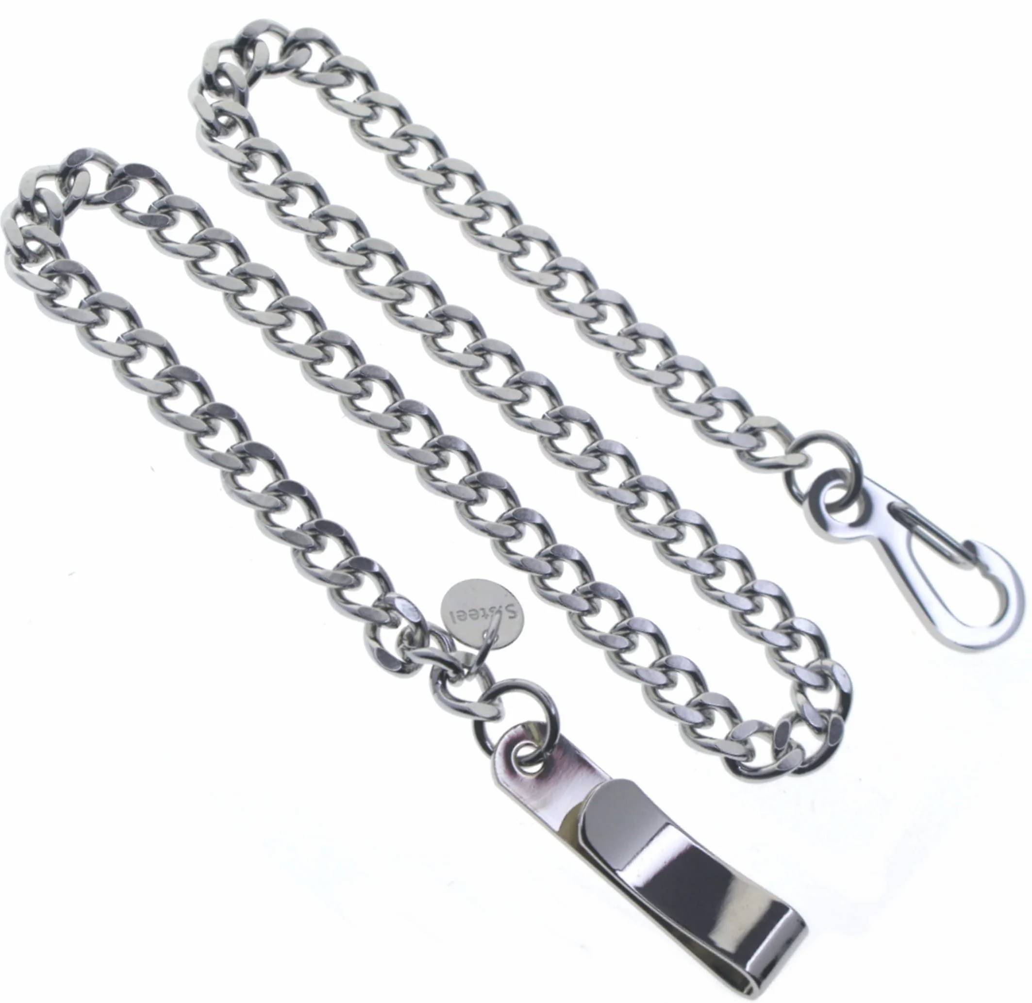 Cadena de reloj de bolsillo de acero inoxidable con cadena de eslabones de acero, clip de cinturón de acero y cierre de pulido de acero FCS90, Silver