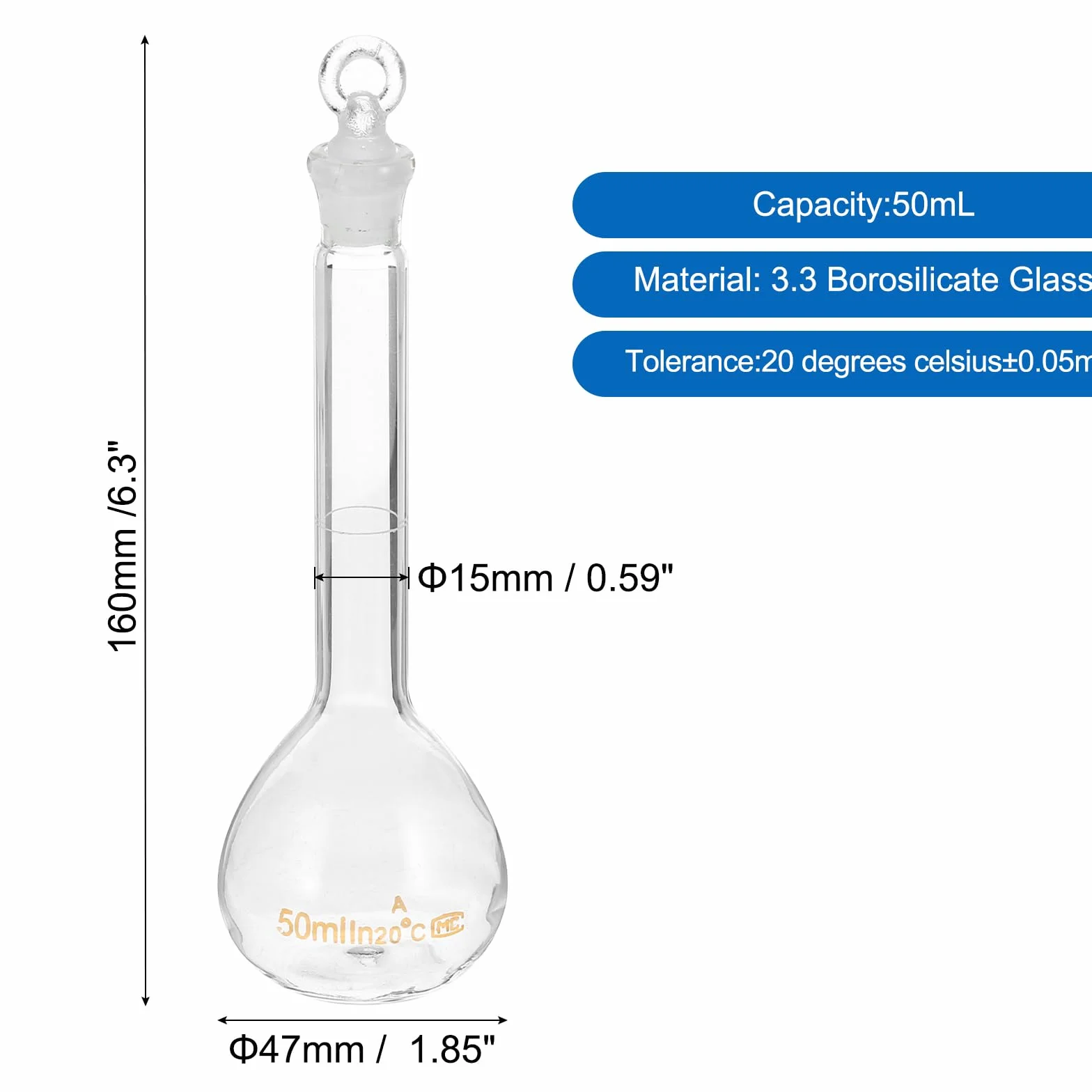 Matraz Volumétrico de 50 ml, Vidrio Borosilicato 3.3 con Tapón de Vidrio, para Laboratorio