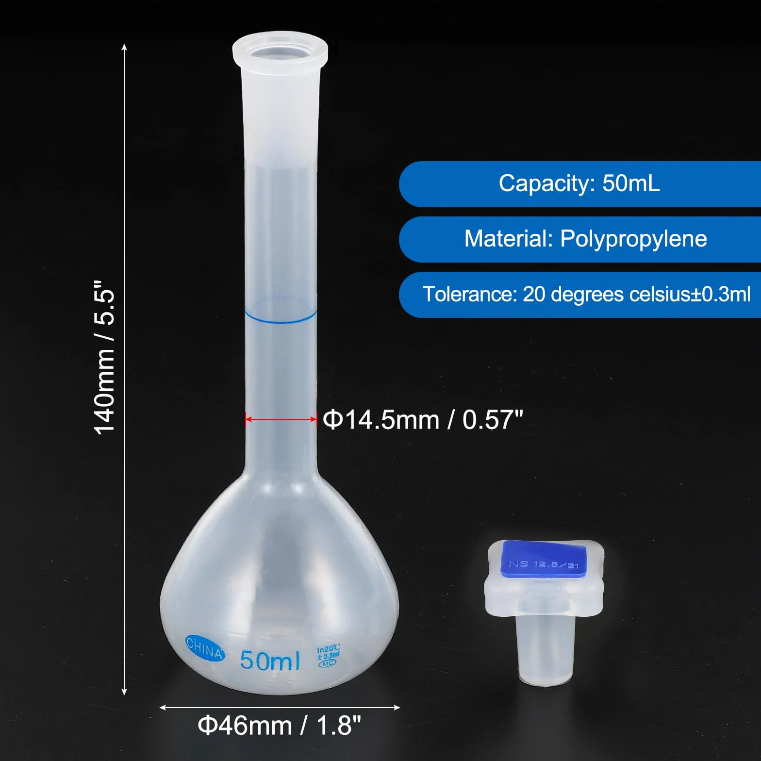 PATIKIL Matraz Aforado de Polipropileno 50ml con Tapón Tolerancia 0.3ml