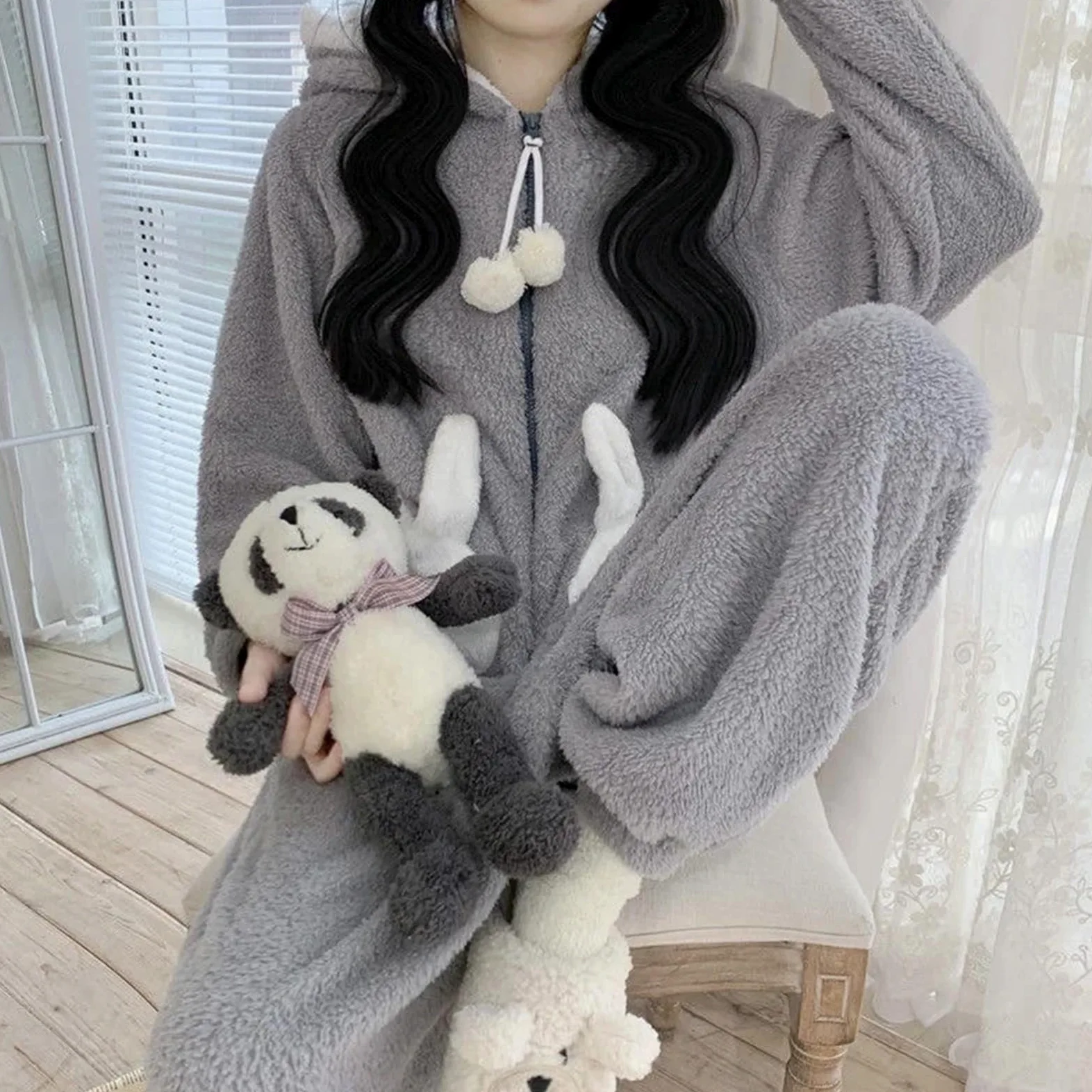 Monos con Capucha de Conejito for Mujer, Lindos Pijamas Kawaii, Ropa de Dormir cálida de Invierno, Ropa de Dormir de Dibujos Animados de Animales, Acogedor con Bolsillos(XL)